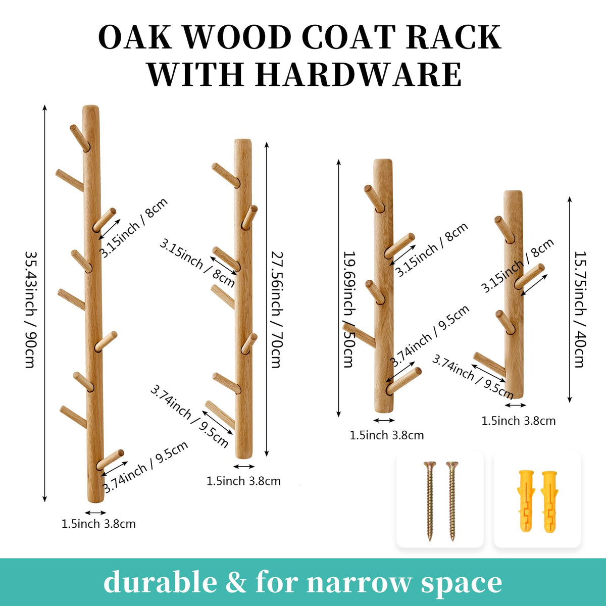 TREOAKWIS Vertical Coat Rack 40cm, Wood Hat Rack Wall Mounted with 4 Hooks