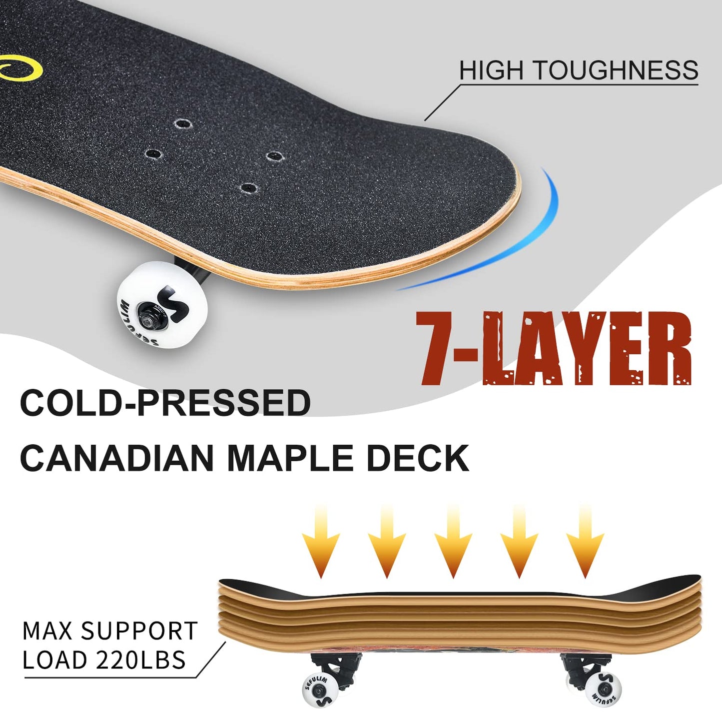 Sefulim 31 x 8 Inch Complete Skateboard 7 Layer Canadian Maple Double Kick Deck Skateboard for Boys Girls Teens Adults Beginner