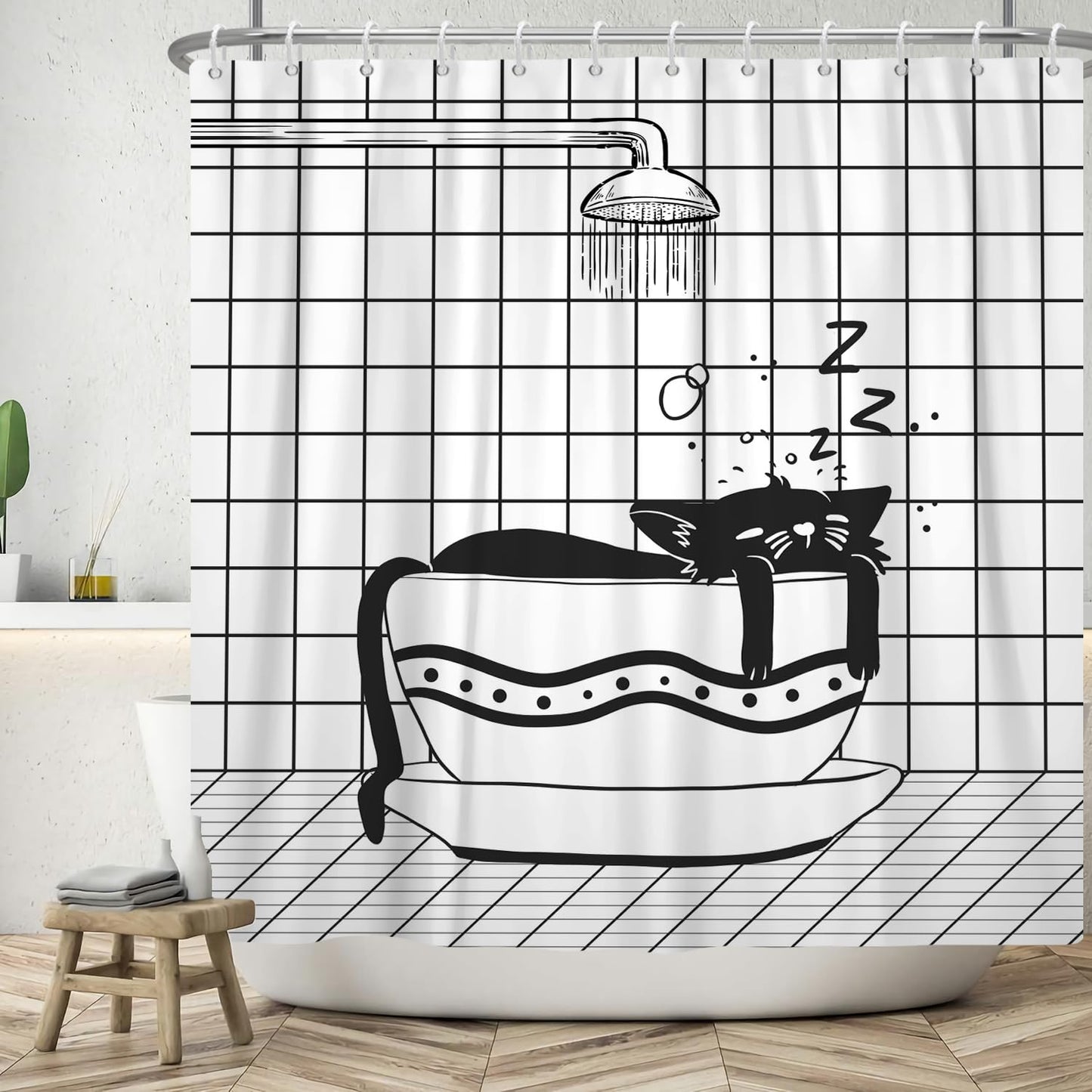 ASDCXZ Funny Shower Curtain 180x200 cm, Modern Black White Bathroom Funny Cat Sleep Washable Bath Shower Curtains Polyester Textile Waterproof Shower