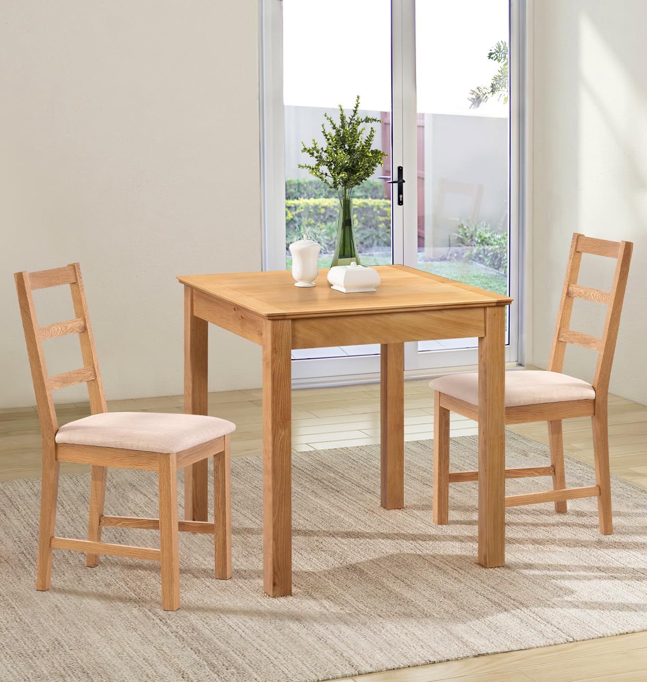 Hallowood Furniture Hereford Oak Dining Table and Chairs Set 2, Square Solid Oak Small Kitchen Table and Chairs with Ladder Back and Beige Fabric