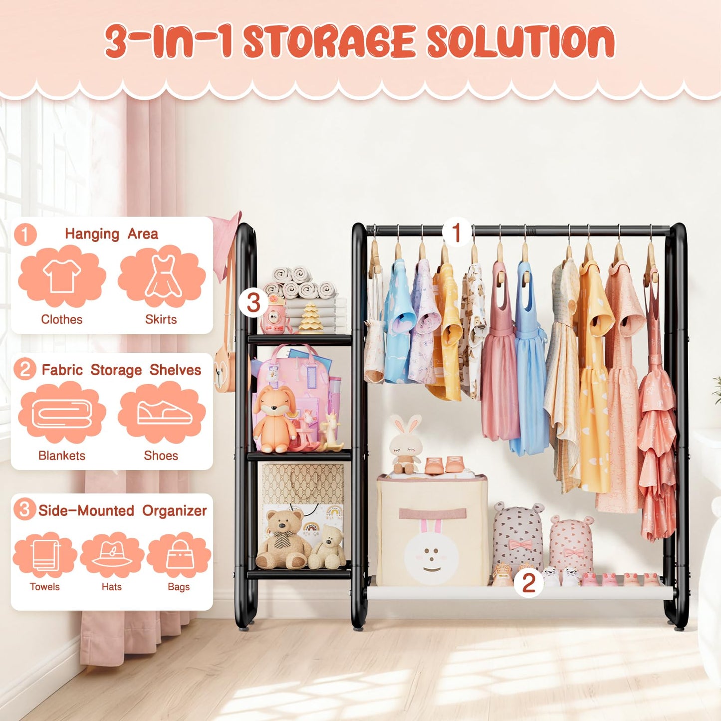 Kids Clothes Rail with 3-Tier Storage Shelves Strong Storage Dress Up Rail