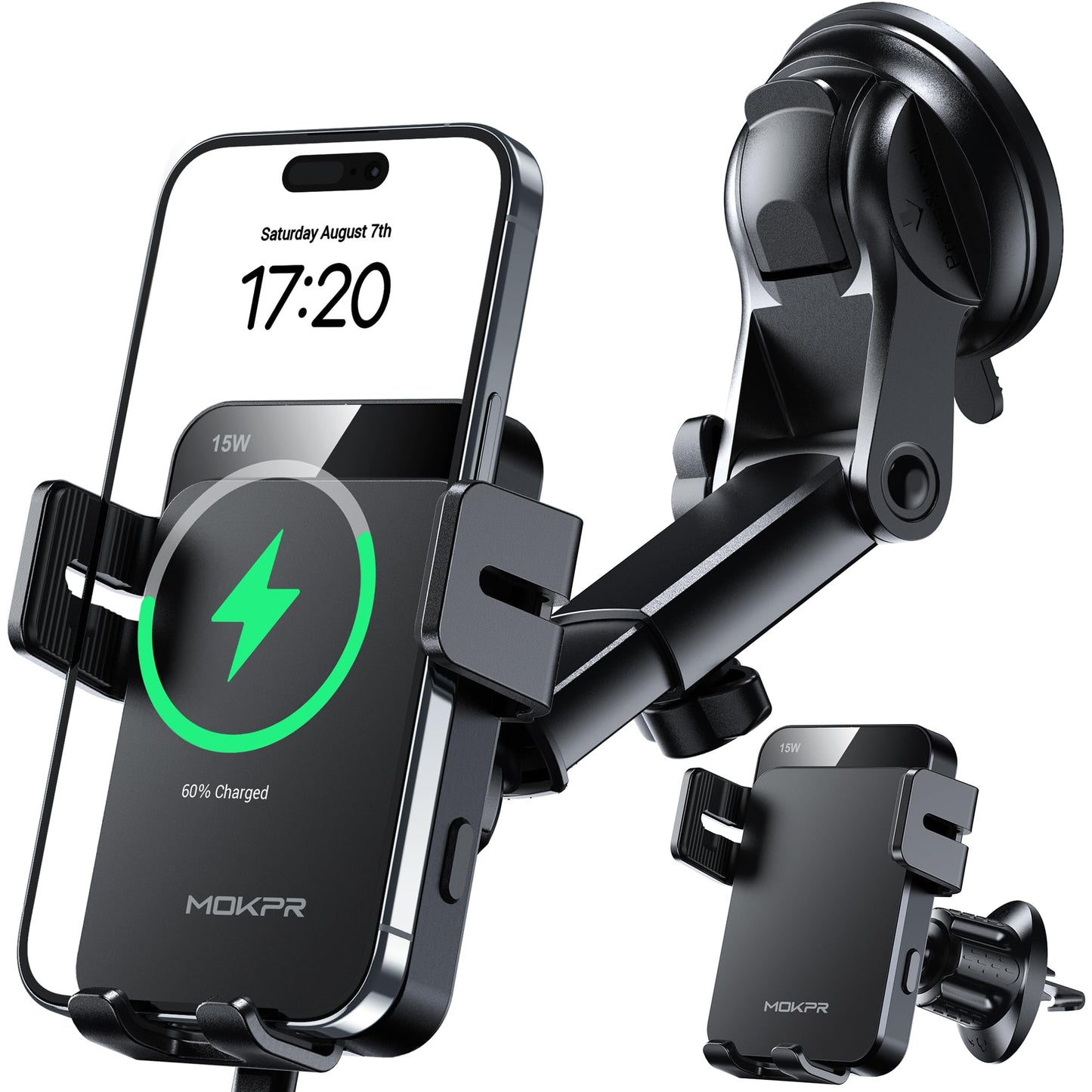 MOKPR Car Phone Holder Wireless Charger, 15W Wireless Car Charger Auto Clamping, Car Phone Holder for Air Vent/Dash/Windshield for iPhone