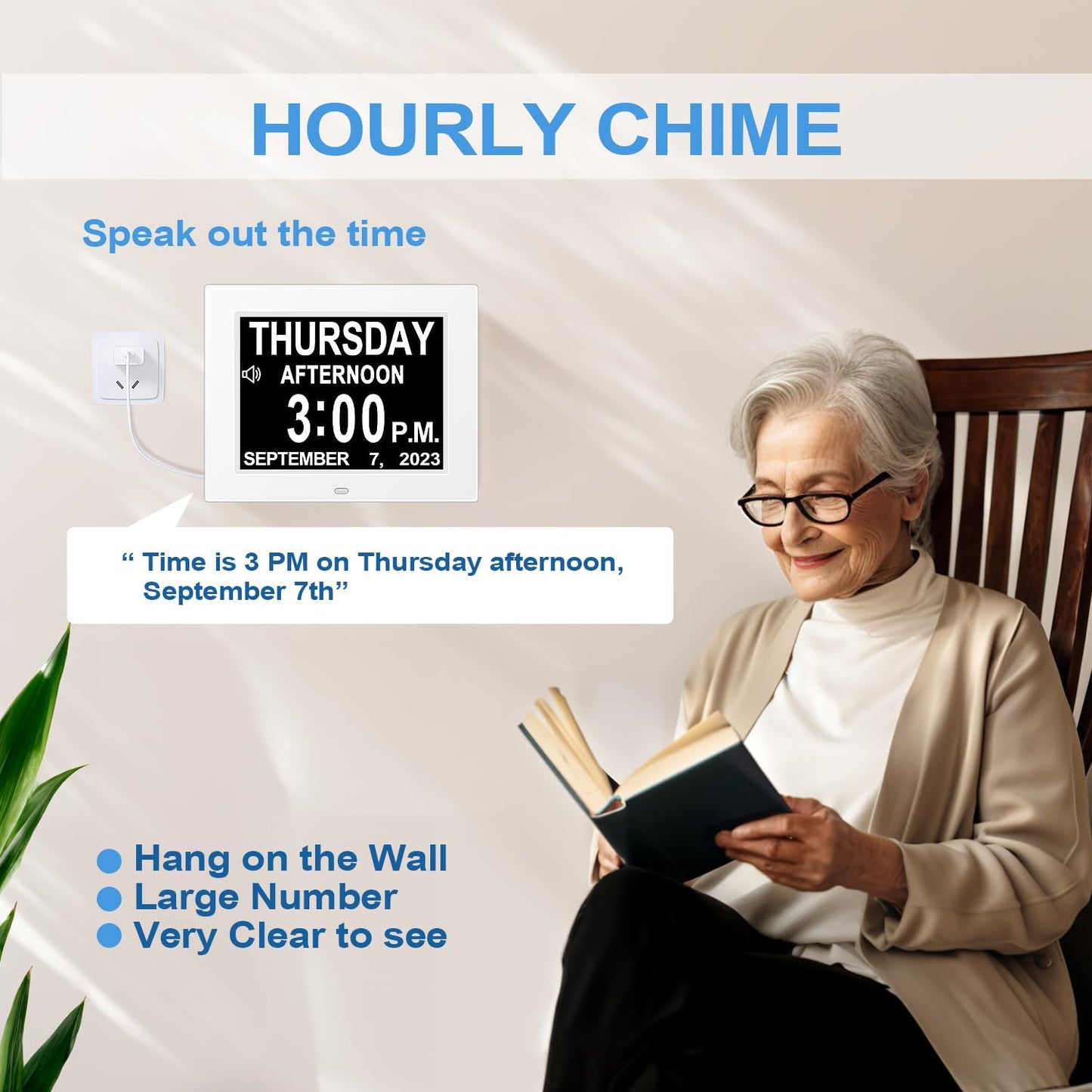 Yuanzeco Alarm Clock With Day And Date For Elderly 3Displays Digital Calendar Day Clock Photo Frame- Auto Dimmable Display 15 Alarm Options, Day Clock