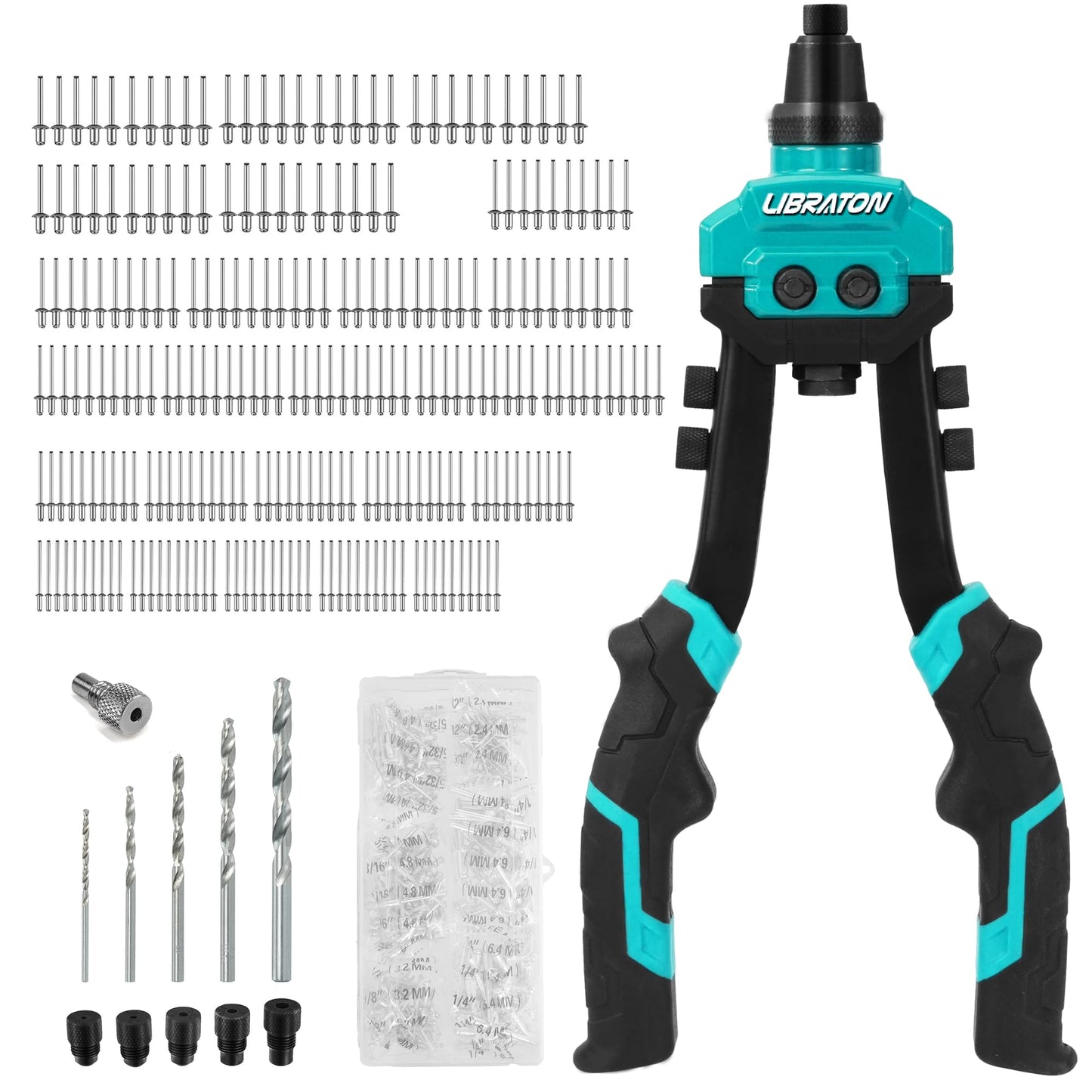 LIBRATON Rivet Gun Set, Two-Handed Pop Rivet Gun Kit, Heavy Duty Rivet Gun, Pop Riveter with 250 Aluminum Rivets in Box, 5 Tool-Free Interchangeable