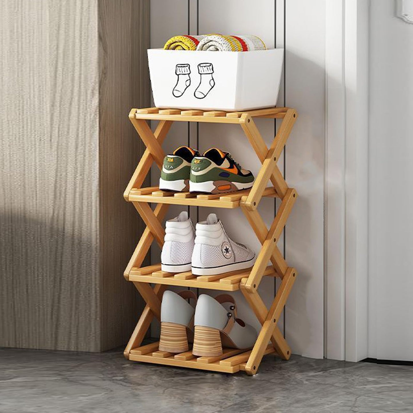 Hafuvool 4 Tier Bamboo Foldable Shoe Rack Small, Easy Assembly Vertical Folding Wooden Shoe Racks Storage For Narrow Space, Shoe Shelf For Corridors