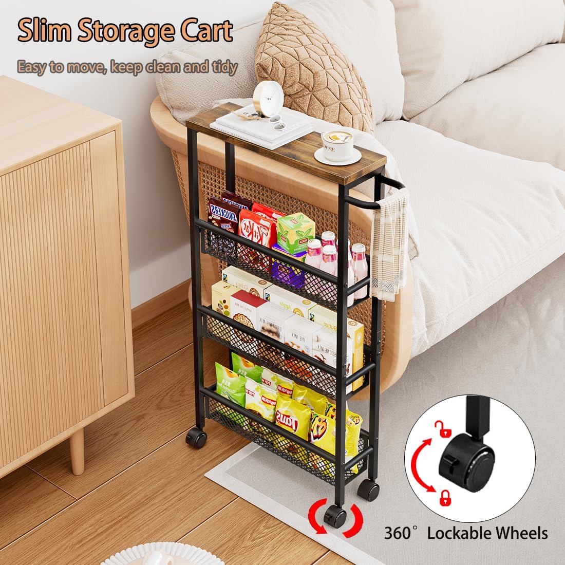 Dazioter Slim Rolling Cart 4 Tier Narrow Storage Cart on Wheels with MDF Board Top and Metal Handle for Small Space Kitchen Living Room Home Office
