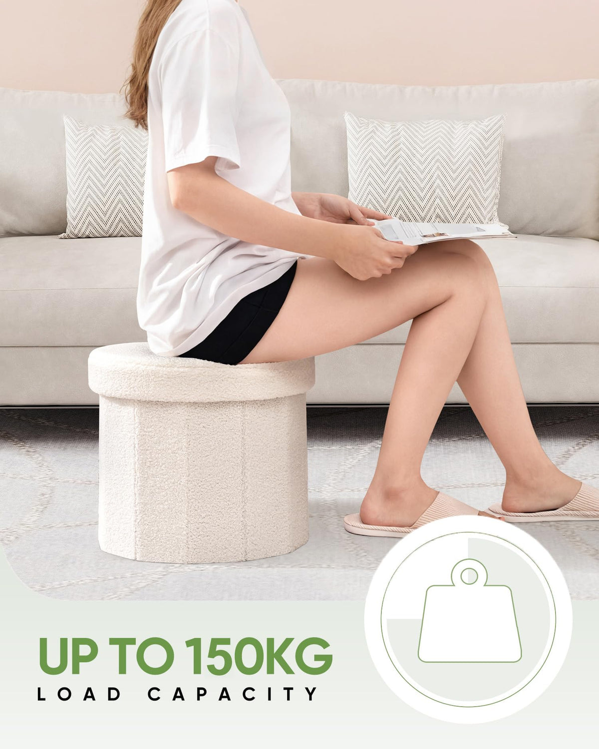 Bonlife Cream Boucle Ottoman with Storage,Foldable Footstool for living room,Toy Chest,Storage Seat Teddy Round Shape Footrest,38X38X33.5cm