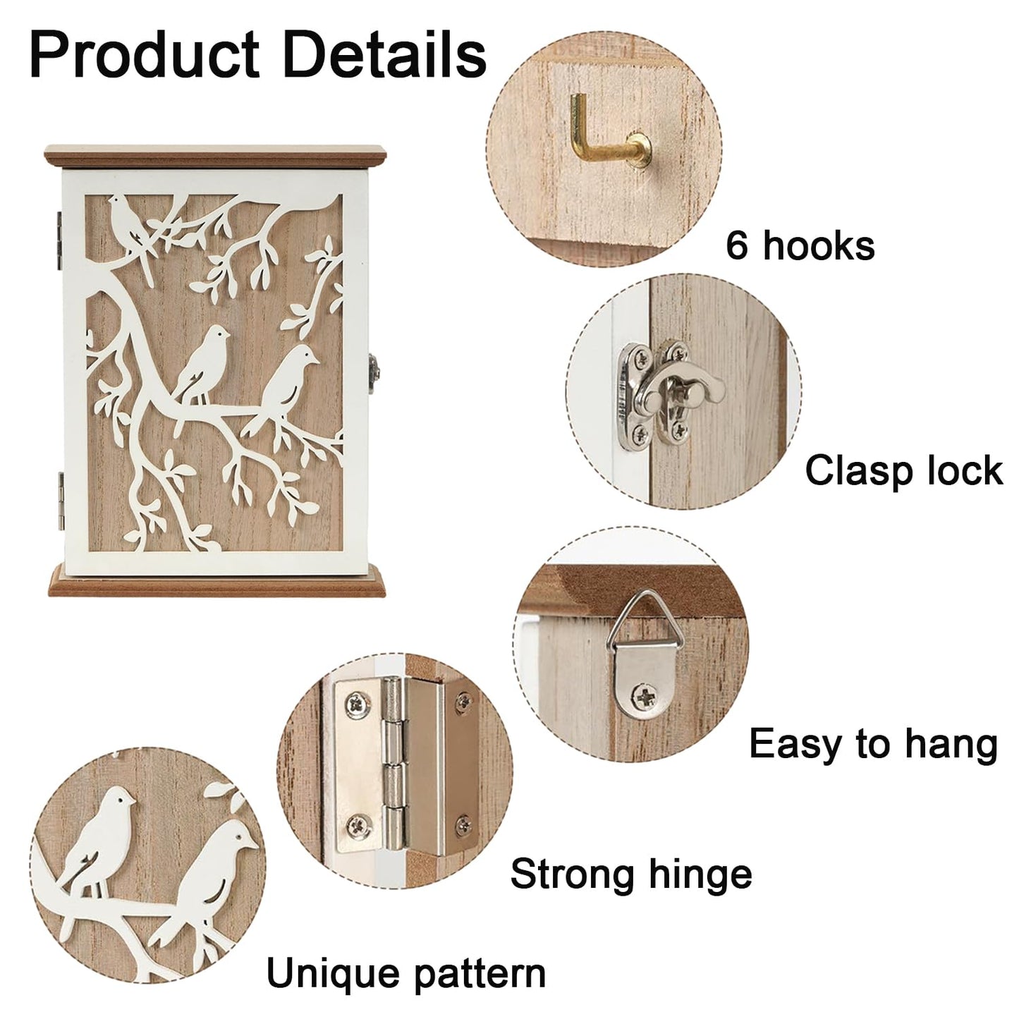 FDDU Geometric Cavity Picture Key Cabinet, Wooden Key Box, Key Cabinet Wood, with 6 Key Hooks, Scandinavian Style, for Storing Keys and Small Items