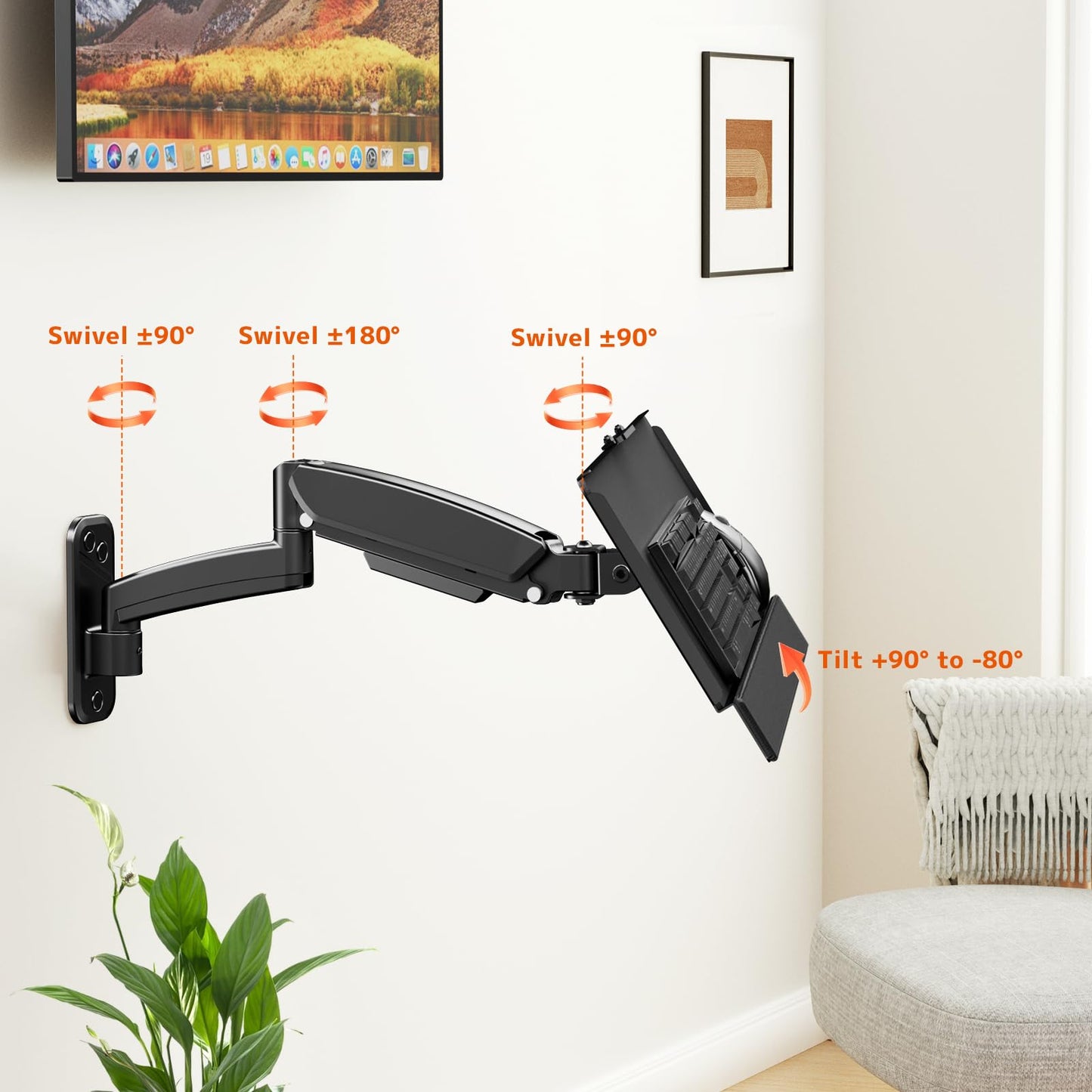 PUTORSEN Wall Mounted Keyboard Tray, Pneumatic Spring, Height Adjustable