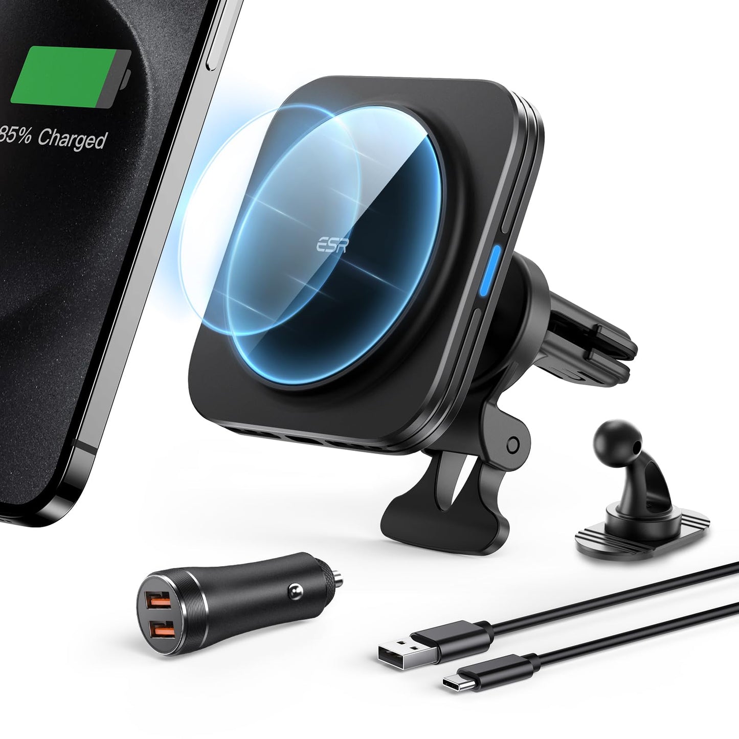 ESR for MagSafe Car Mount Charger[15W Fast Charge] w 36W Dual USB-A Cigarette Lighter, Air Vent Dashboard Magnetic Phone Holder Car Wireless Charger