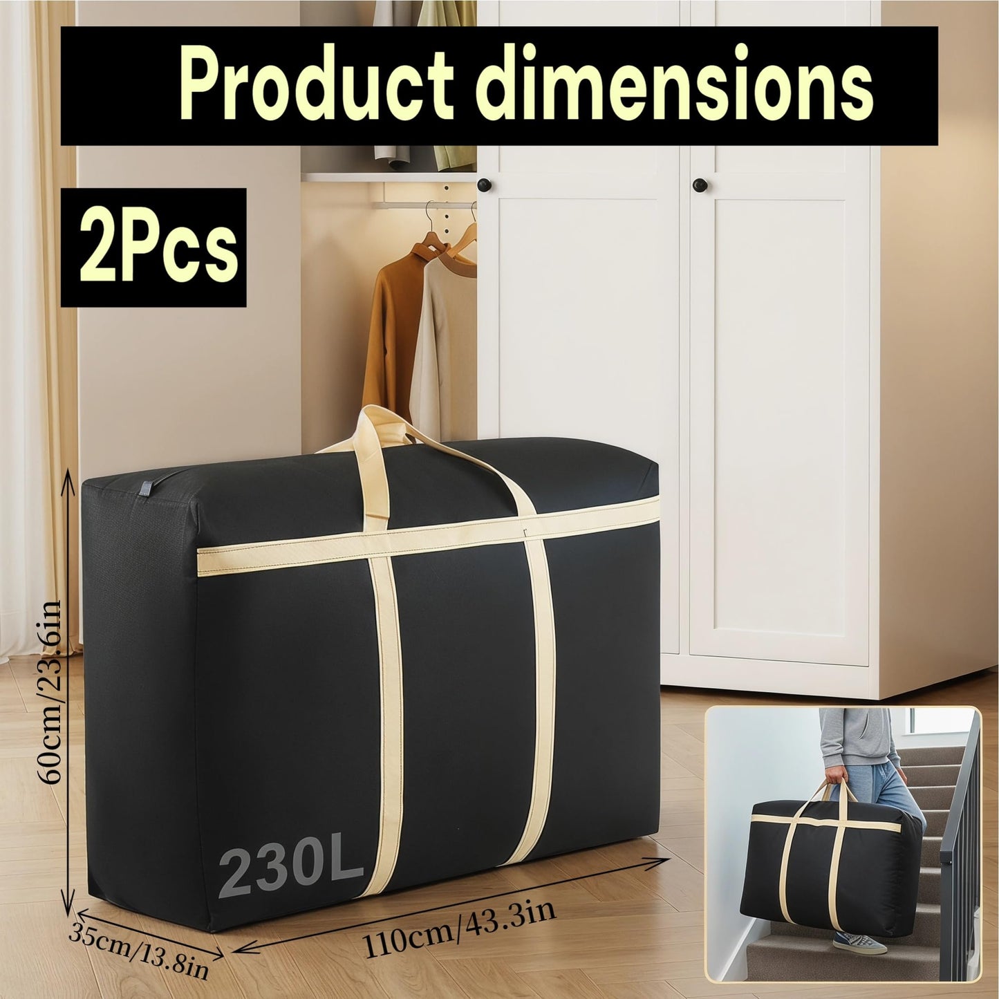 2Pcs Extra Large Storage Bags, 230L Thickened Jumbo Oxford Zipped