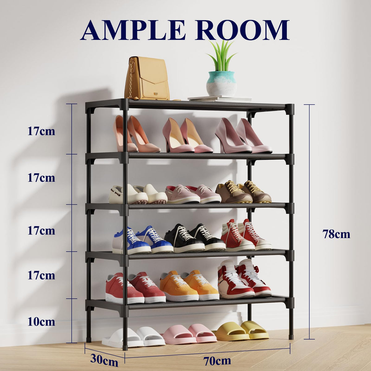Kitsure Premium Non-Woven Shoe Rack Shelf, 70 x 30 x 78 cm, Black