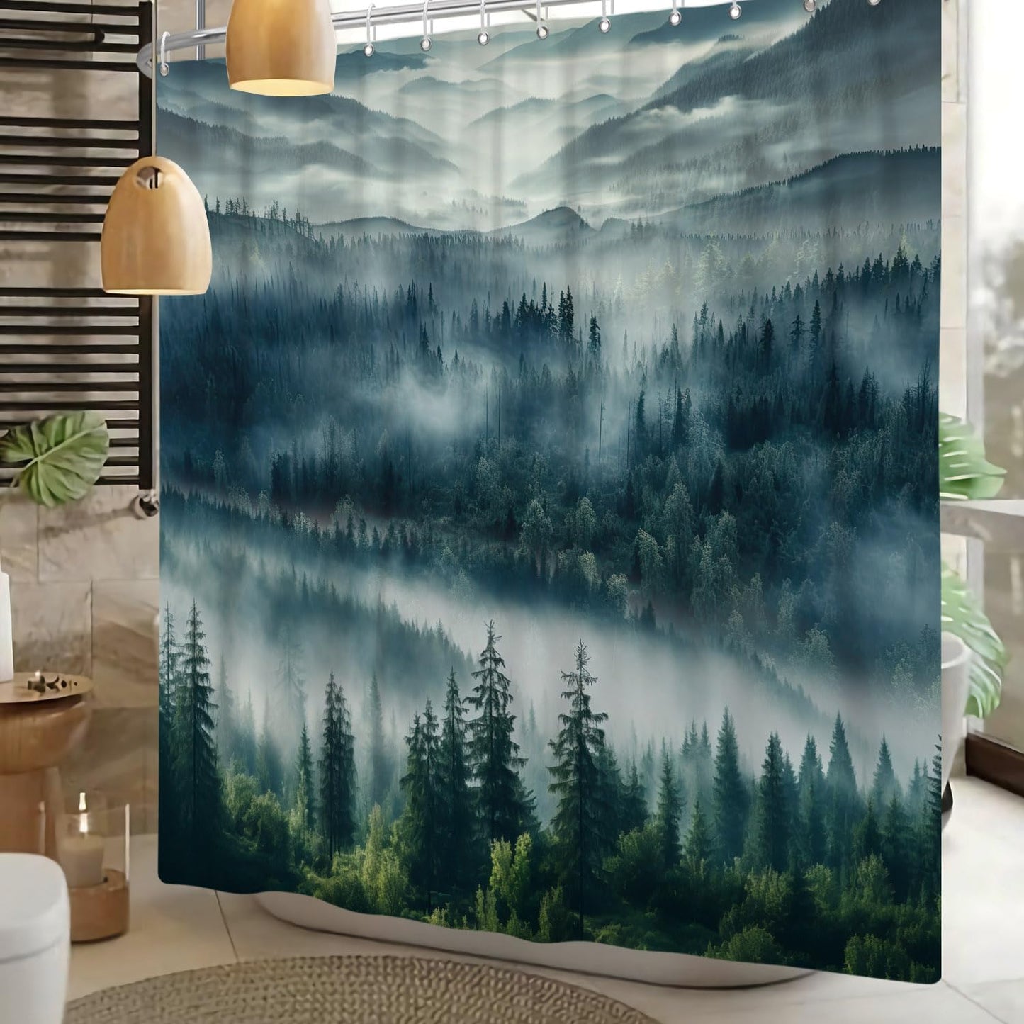 ASDCXZ Forest Shower Curtain 180x200 cm, Natural Landscape Blue Green Fog Forest Jungle Mountain Peak Cloud Washable Shower Curtains Polyester