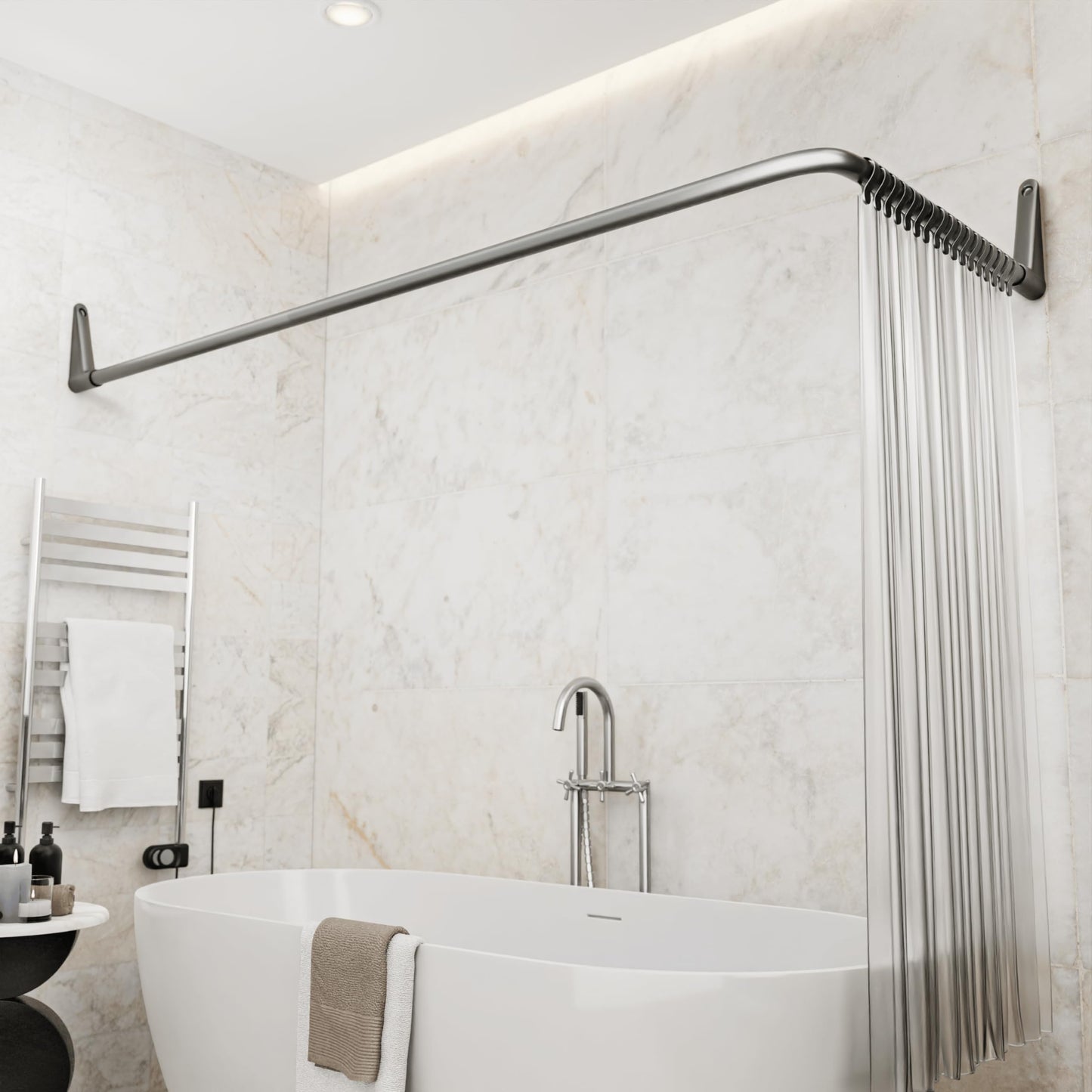 Erica Corner Shower Curtain Rods. 70 x 90/70 x 160 cm for Corner or Bath, Shower Curtain Rod without Ceiling Bracket, PVC Free Plastic Coated, 100%