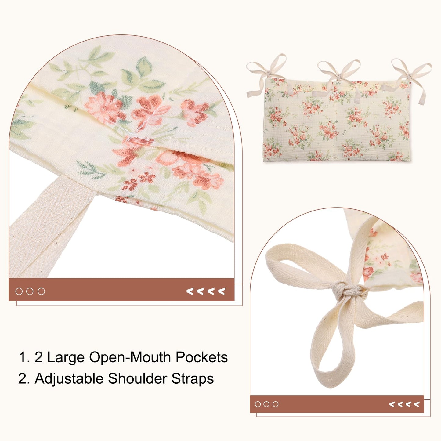PATIKIL Bedside Hanging Bags, Cotton Milk Bottle Bib-Storage Bag 2 Pockets Nursery Organizer for Bed, Beige Rose