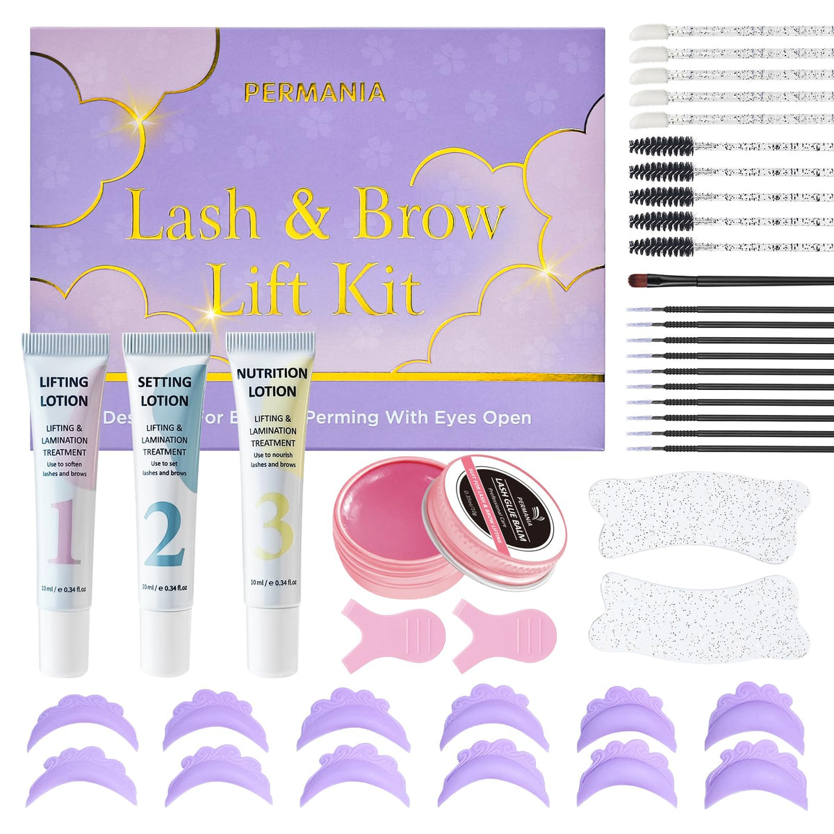 PERMANIA Lash Lift Kit, DIY Eyelash Perming Set with Upgraded Open-Eye Silicone Pads, Gentle Formula with Complete Tools, Salon Results Eyelash Curl &