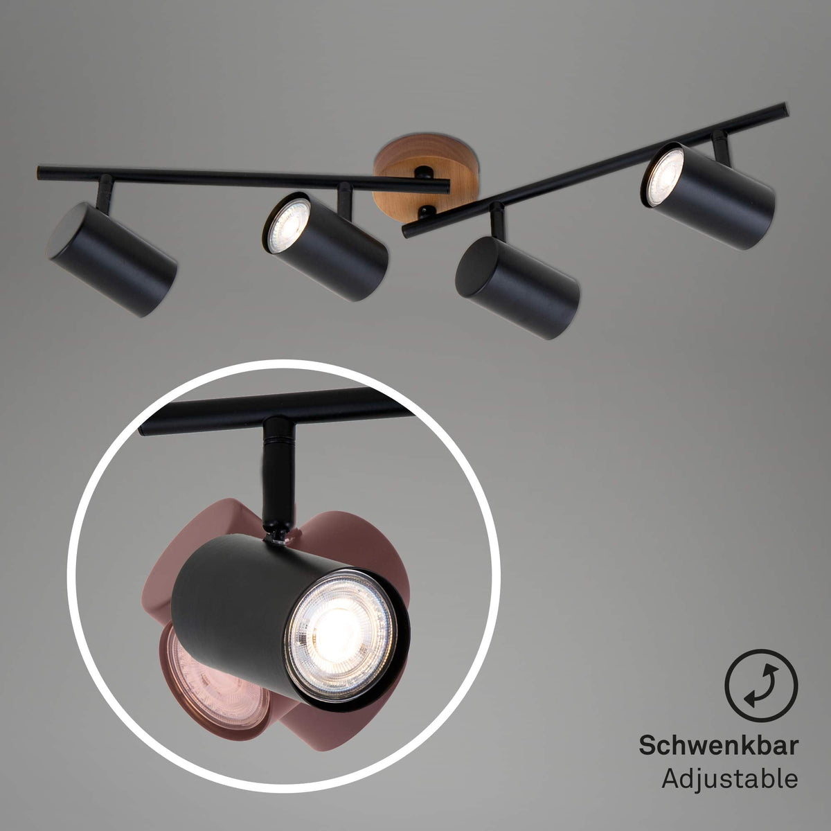 Briloner Leuchten 2920-045 Spotlight, Retro, Vintage Ceiling Light, can be rotated and swivelled, 4X GU10, Metal and Wood, Black, 682 x 90 x 145 mm (L
