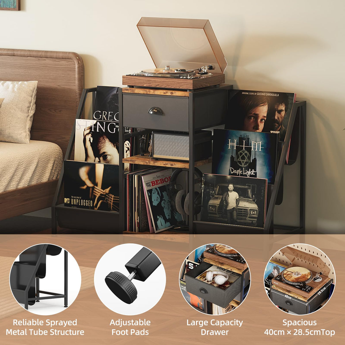 CAIYUN Record Player Stand with 3-Tier Storage, Turntable Table for Living Room, Holds Up to 280 Albums