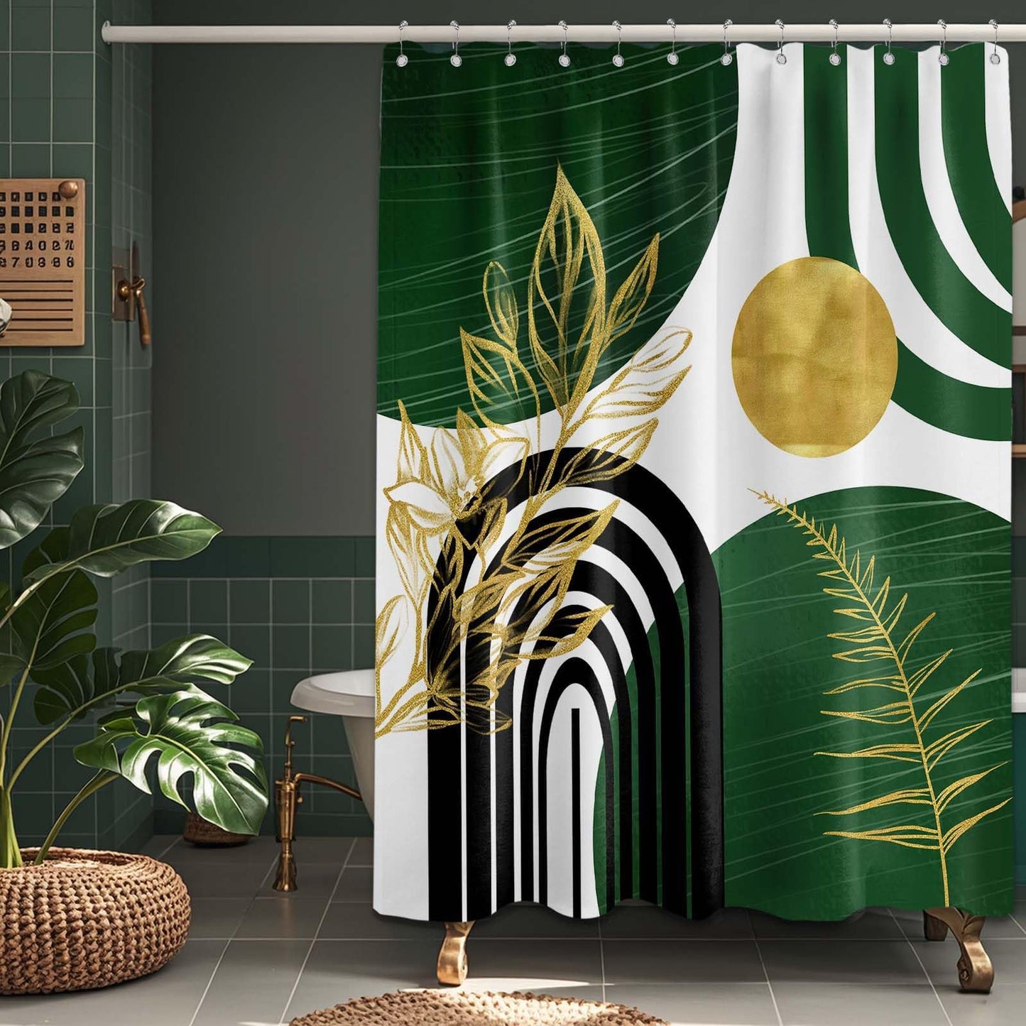 LanZanthic Dark Green Boho Shower Curtains for Bathroom Green and Gold Abstract Mid Century Modern Wet Room Shower Curtain with hooks