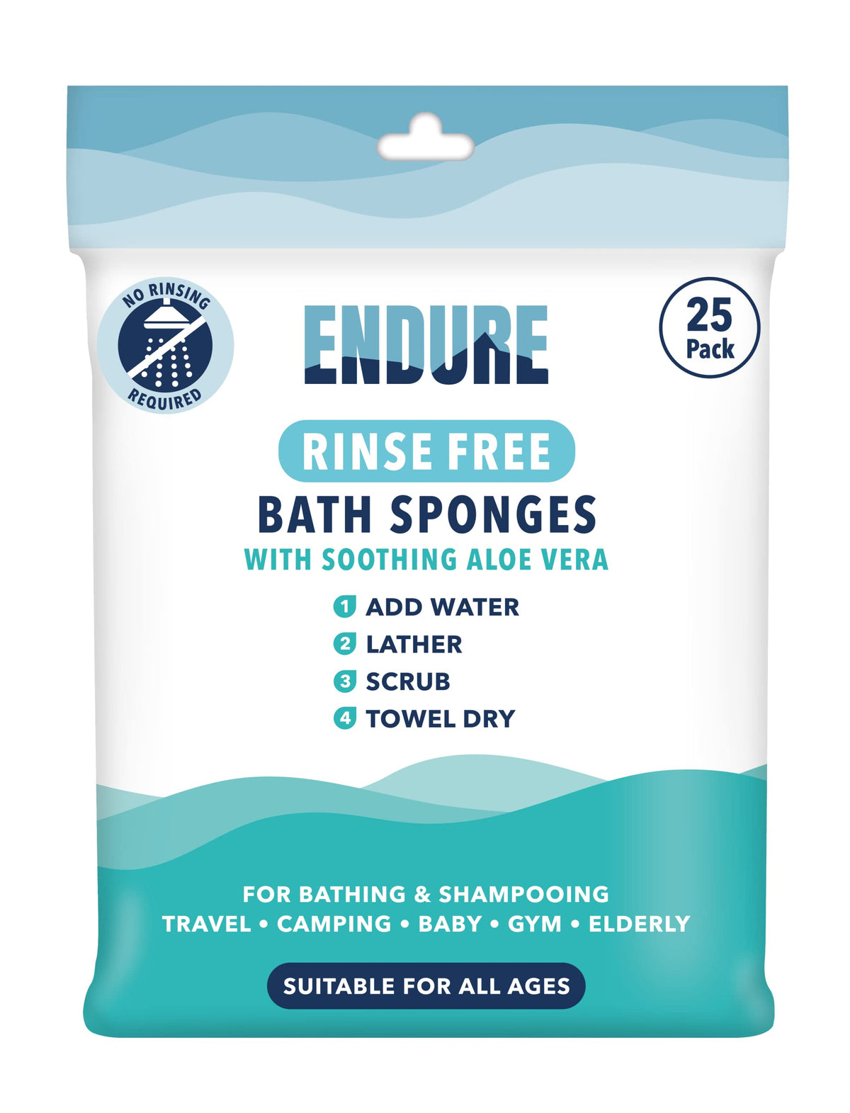 Endure Rinse Free Bath Shower Sponge - Body Wash Wipes for Bathing - Perfect for Camping, Festivals, Gym and Travel - Dry Sponge Wipes with Gentle