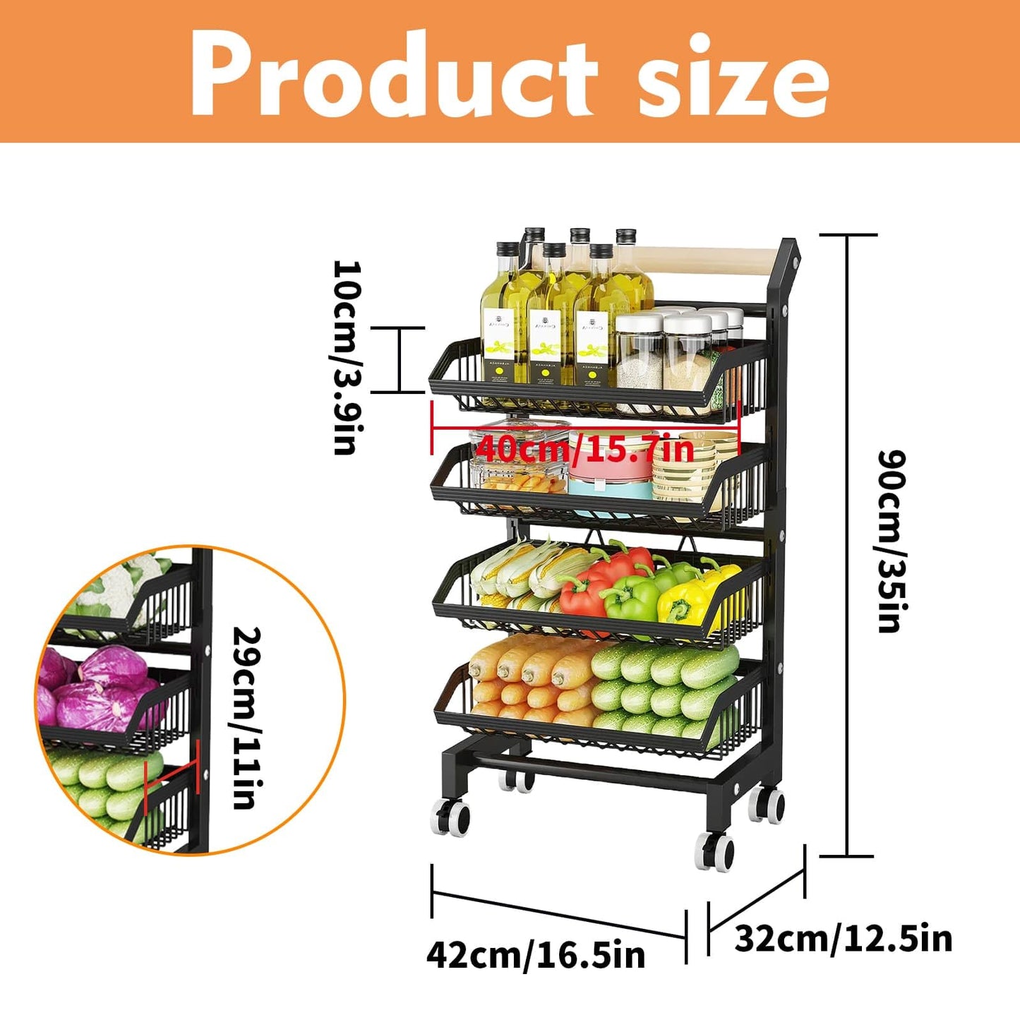 4-Tier Adjustable Vegetable Storage Rack, Removable Fruit Basket Cart