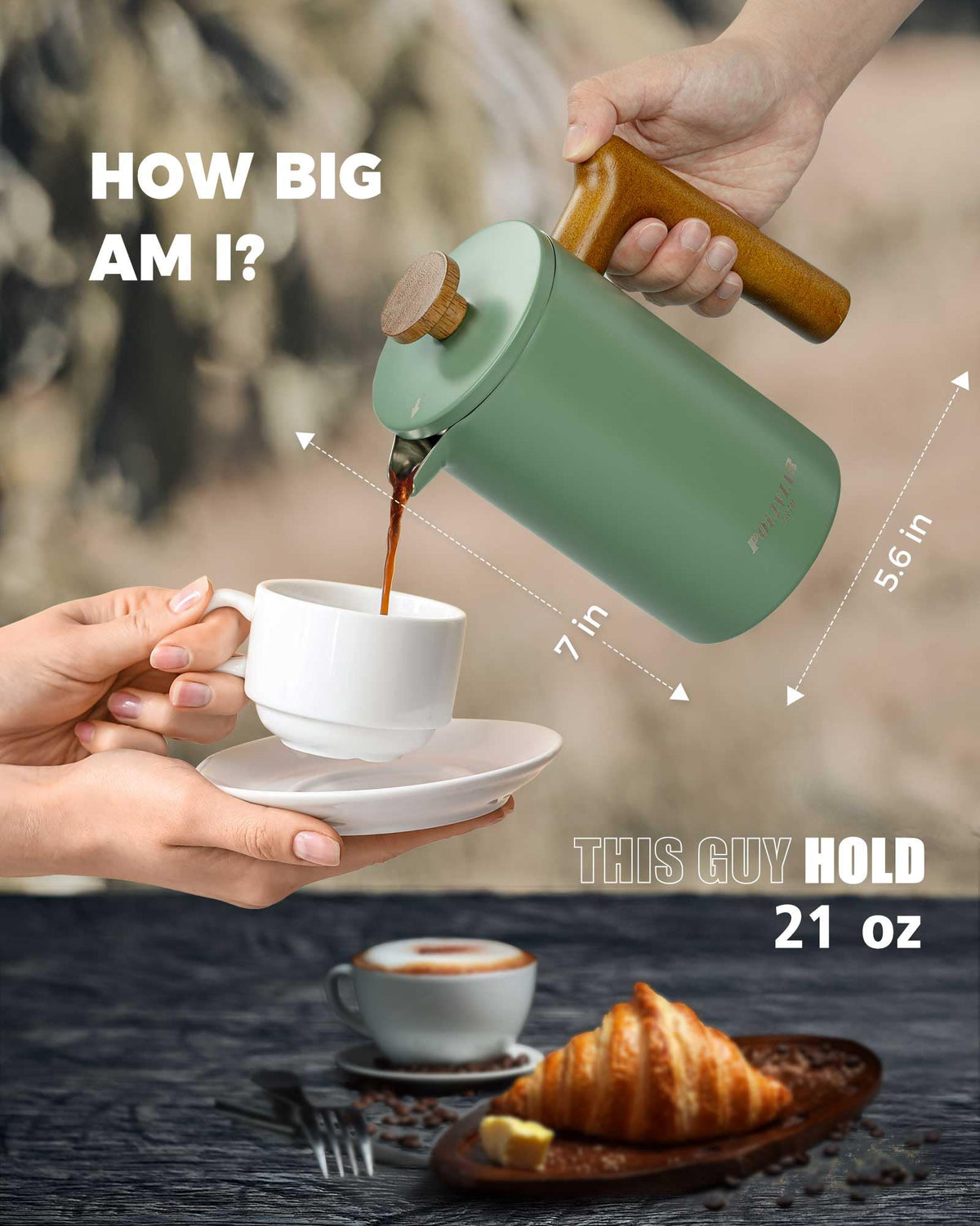 POLIVIAR Cafetiere 4 Cup, French Press Coffee Maker with Wood Handle, Double Walled Insulated Cafetiere &1 Extra Filter, Insulated 600ml French Press