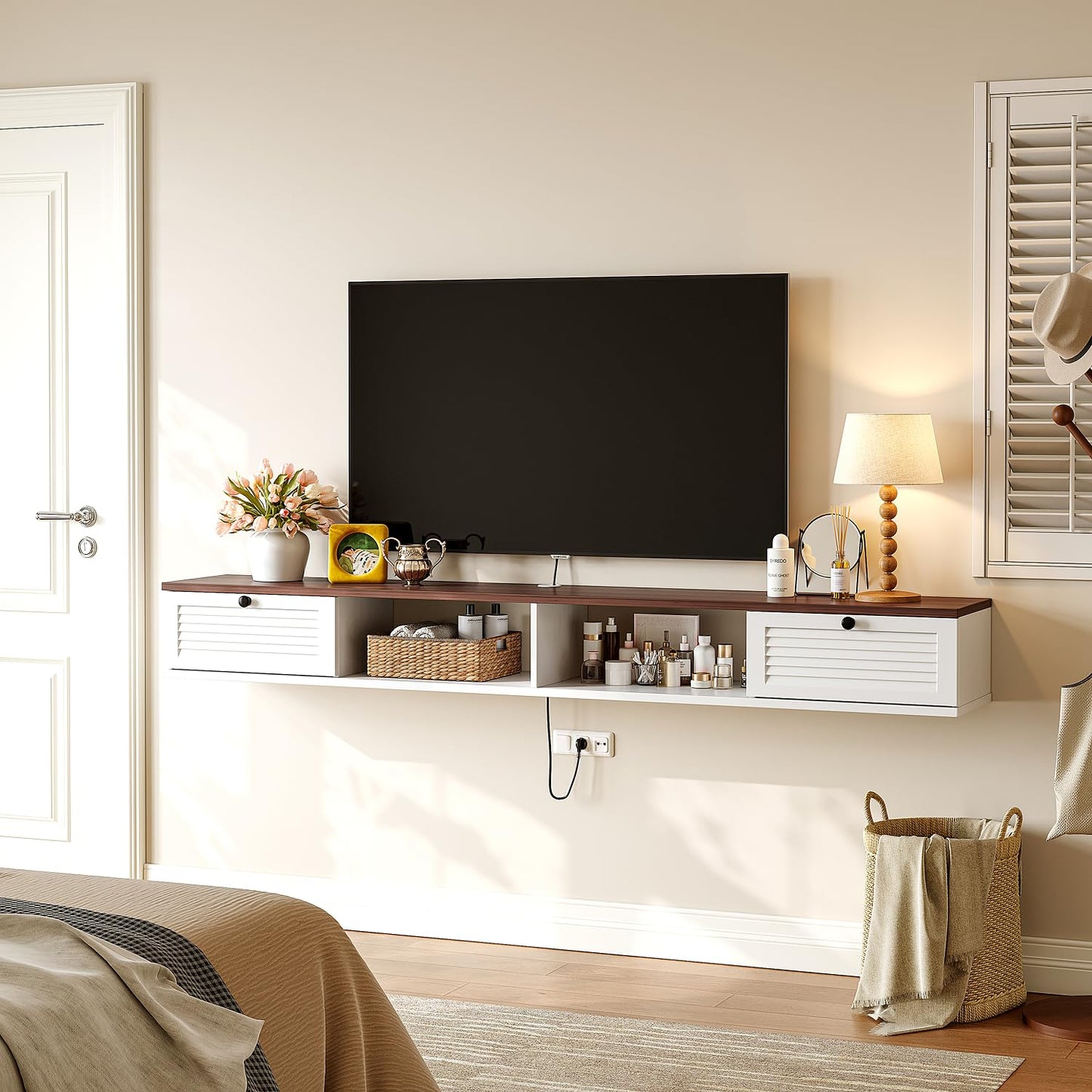 FloatiCasa 120cm Walnut & White Floating TV Unit, 2 Doors & 2 Open Cabinets
