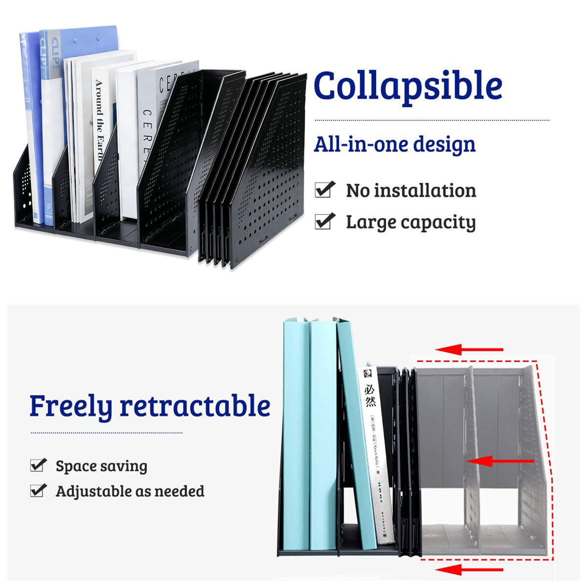 Marte Vanci Collapsible 4 Compartment Magazine Holder Desktop Adjustable Sturdy File Dividers Document Cabinet Rack Display (Black)