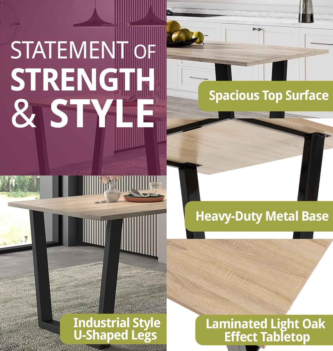 Hallowood Furniture Dudley Modern Dining Table and Chairs Set 4, 180x80cm