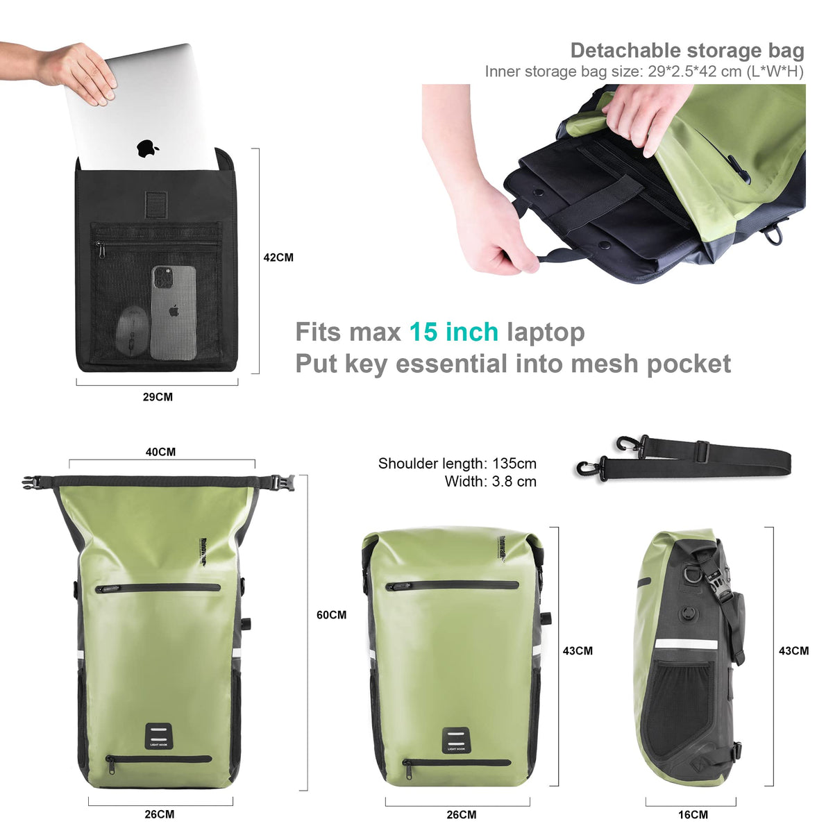 Rhinowalk Bike Pannier Bag Waterproof 22L Bicycle Rear Rack Trunk Bag for Cycling Bicycling Traveling Riding
