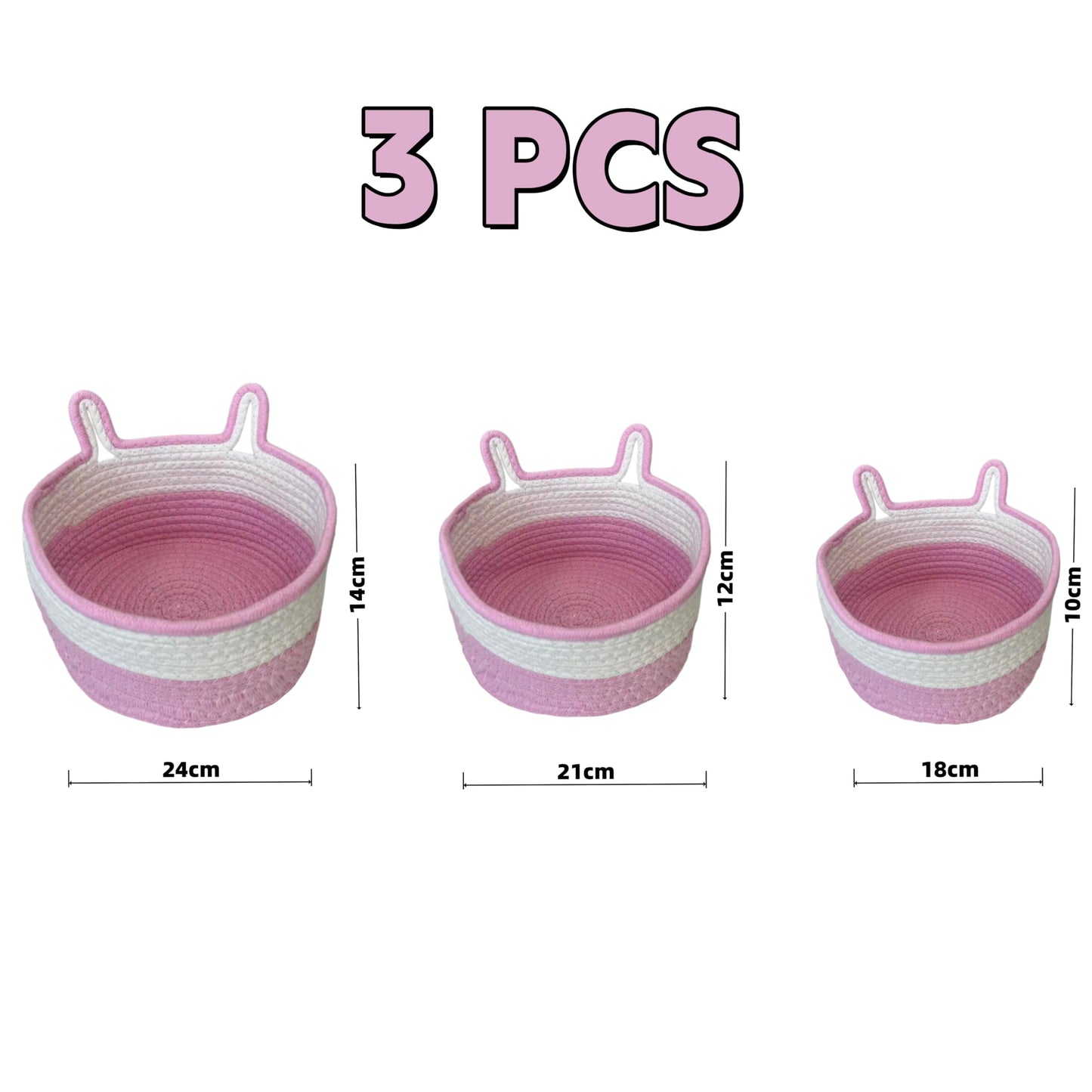 3 Pcs Pink Rabbit Basket,Cotton Rope Woven Empty Gift Hamper Baskets