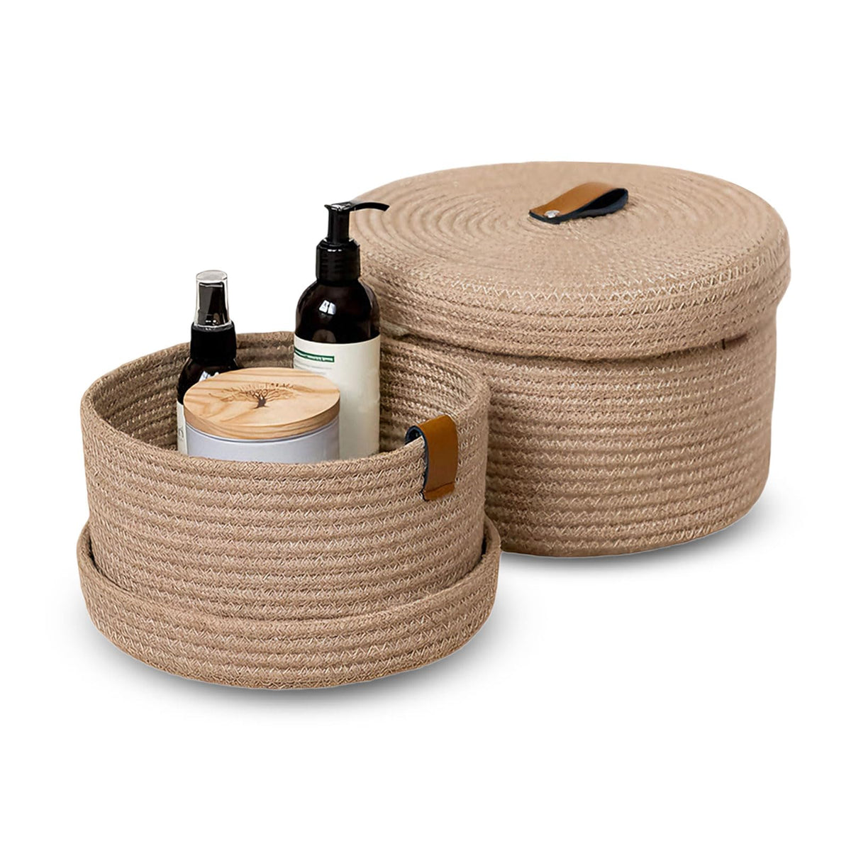 Set of 2 Storage Basket with Lid, Round Cotton Rope Decorative Basket with Leather Handles, Multifunctional Woven Baskets for Shelves, Bedroom