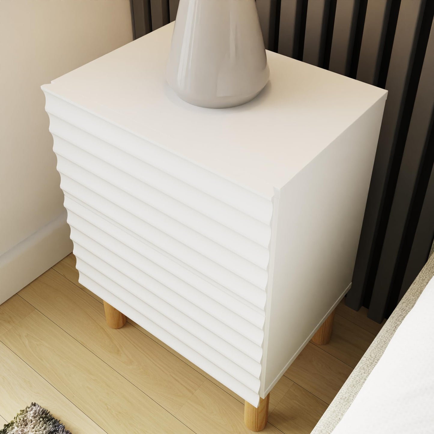 GFW Karla Bedside Table, White 2 Drawer Nightstand with Textured Front & Wooden Legs