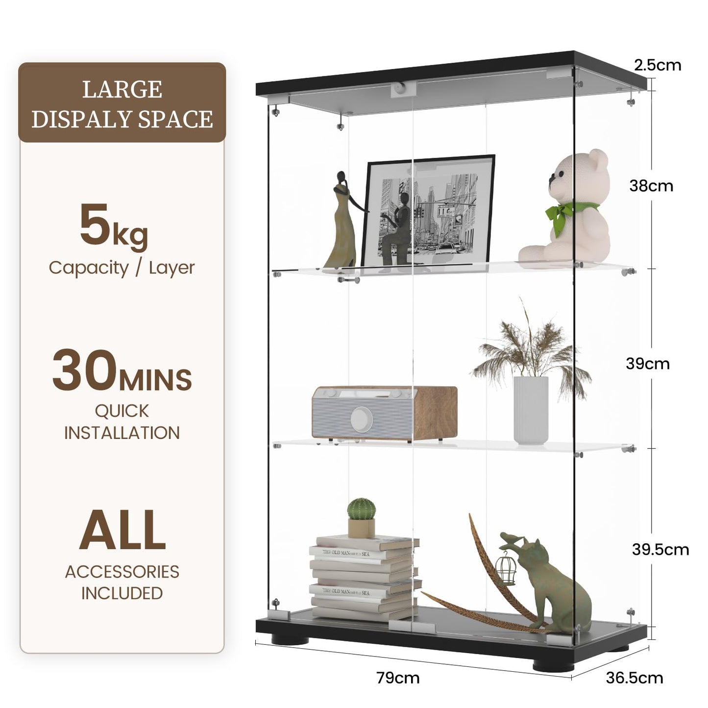 Beauty4U 3-Shelf Double Door Glass Display Cabinet, 125cm Tall, Black