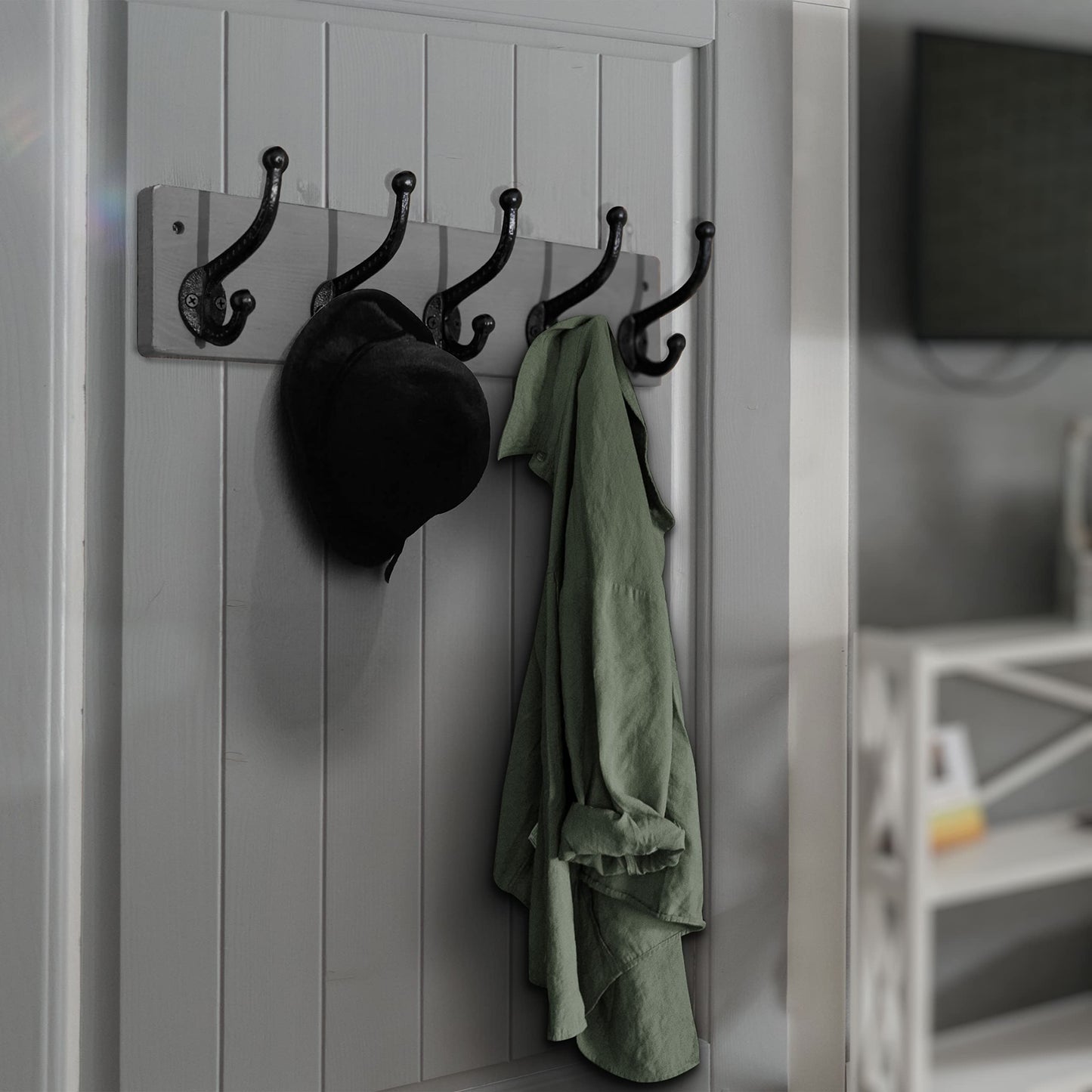 WEBI Rustic Coat Rack Wall Mount,5 Cast Iron Coat Hooks Wall Mounted,Heavy Duty Wall Coat Hanger Hooks for Hanging Coats,Clothes,Grey,2 Packs
