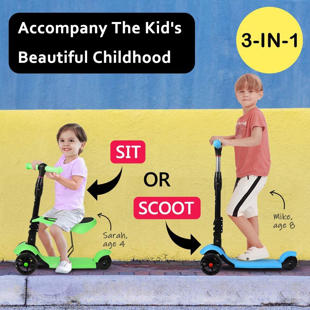 YOLEO Kids Three Wheel Kick Scooter with Removable Seat, LED Flashing Wheels, Height Adjustable, 3-in-1 Lightweight Children's Scooter Boys and Girls