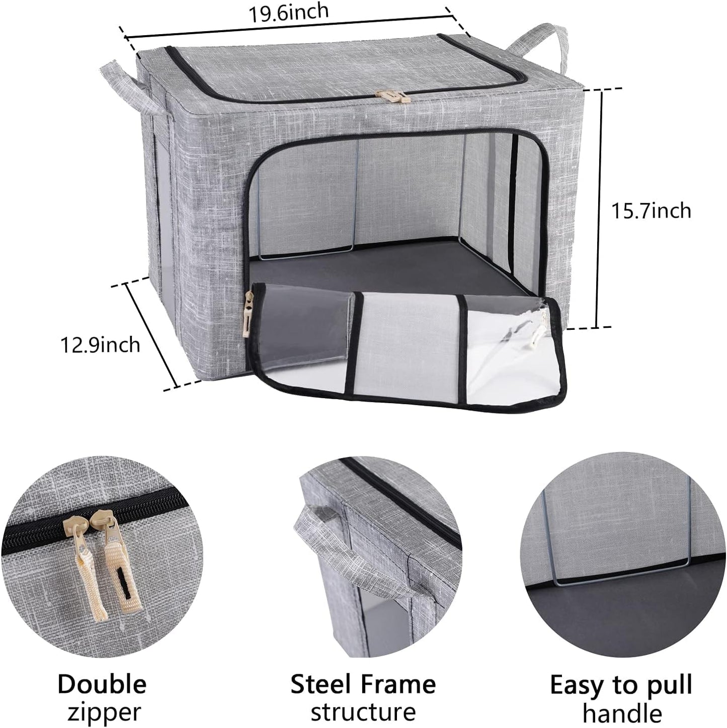 GUYAQ Clothes Storage Boxes 2PCS 66L, Folding Storage Bag with Fabric Steel Frame, Closet Organizer with Opening Zips for Storing Bedding, Blankets