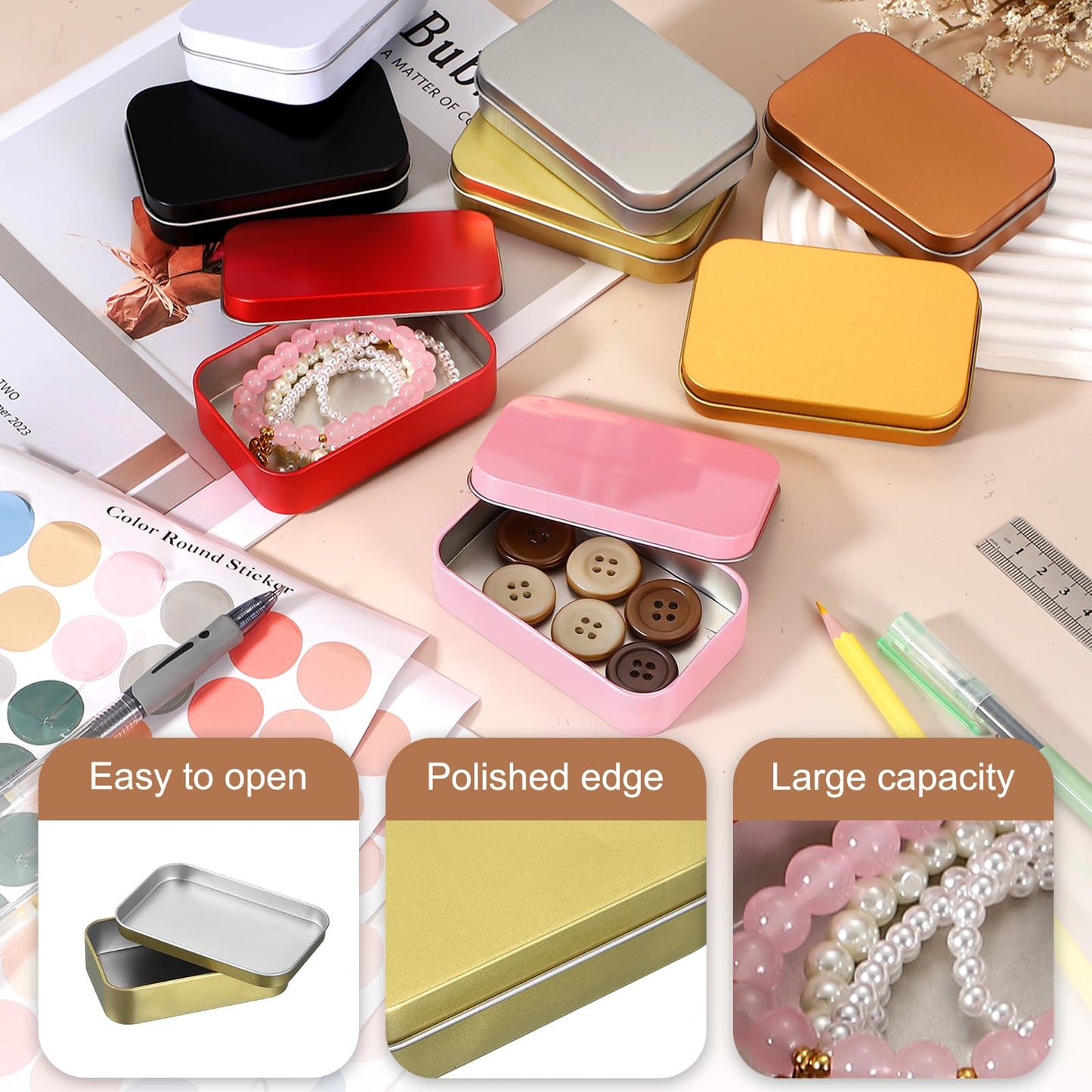sourcing map 4Pcs Metal Tin Box Container, 3.7x2.4x0.9 Rectangular Empty Box with Self Adhesive Colored Stickers