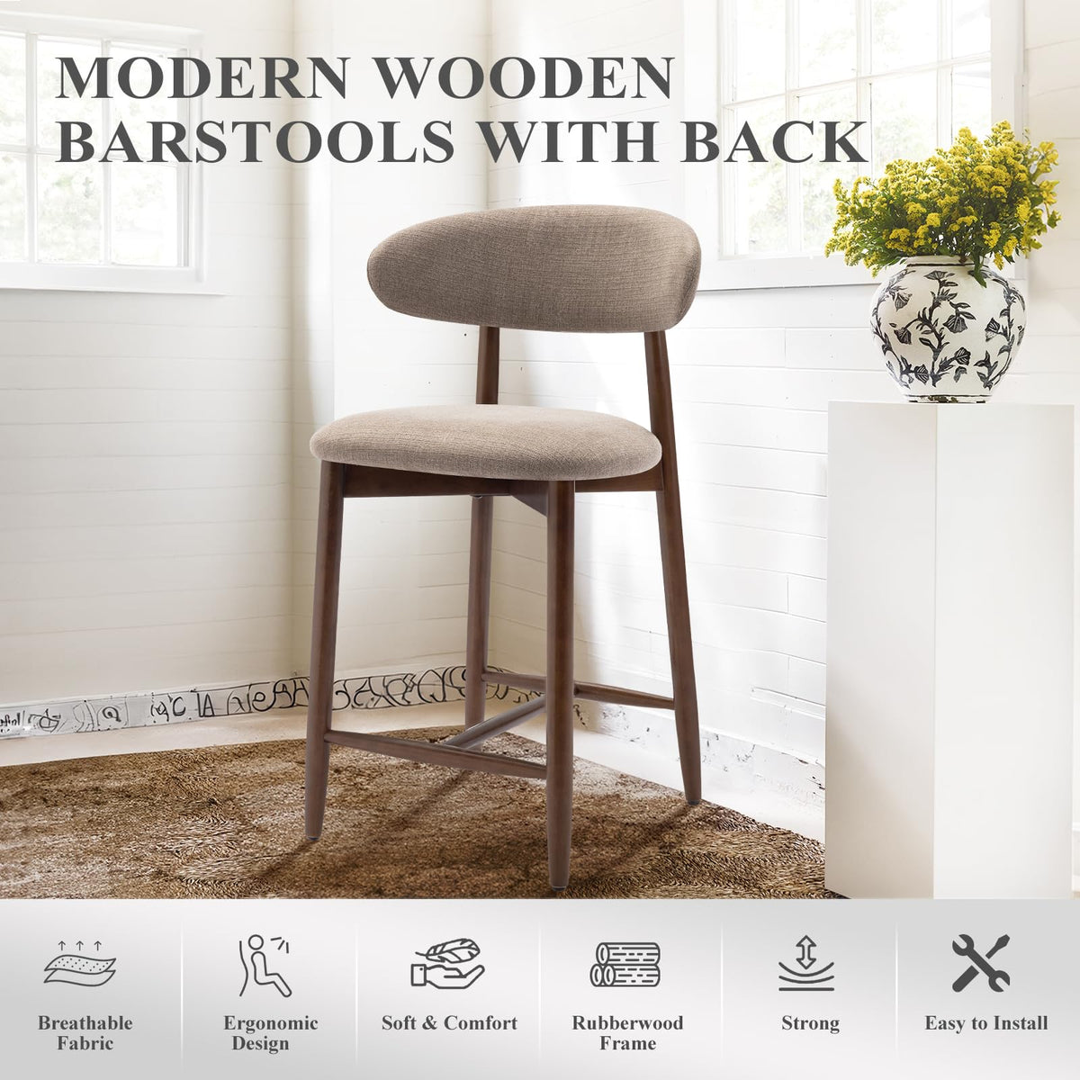 COLAMY 6PCS Counter Height Bar Stools with Back, Modern Upholstered Bar Chairs with Ergonomic Backrest & Footrest, Rubberwood Frame