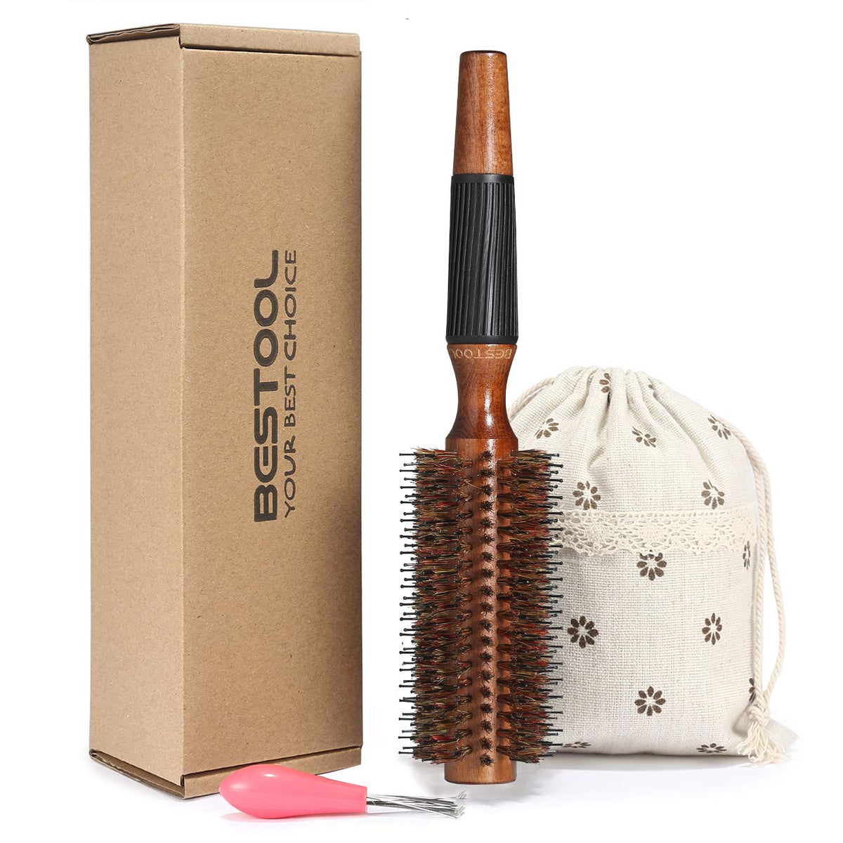 BESTOOL Round Brush for Blow Drying, Boar Bristle Round Hair Brush with Wooden Barrel, Large Styling Brush for Women & Men, Straightening, Curling,