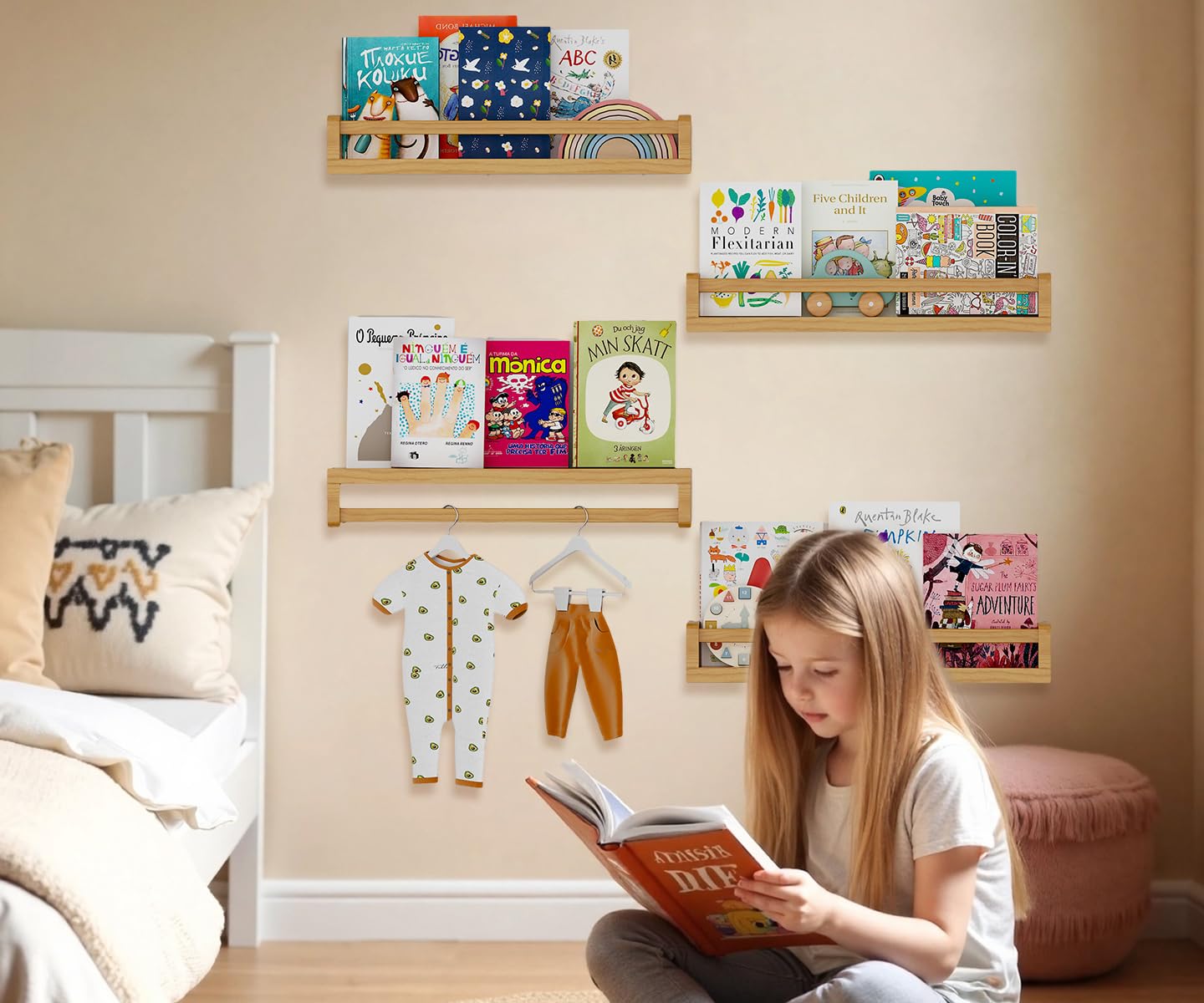 Gieanoo Nursery book shelf, Set of 4 Floating Shelves Solid Natural Wood 40cm bookshelf kids room Wall Mounted baby floating book shelves decor for