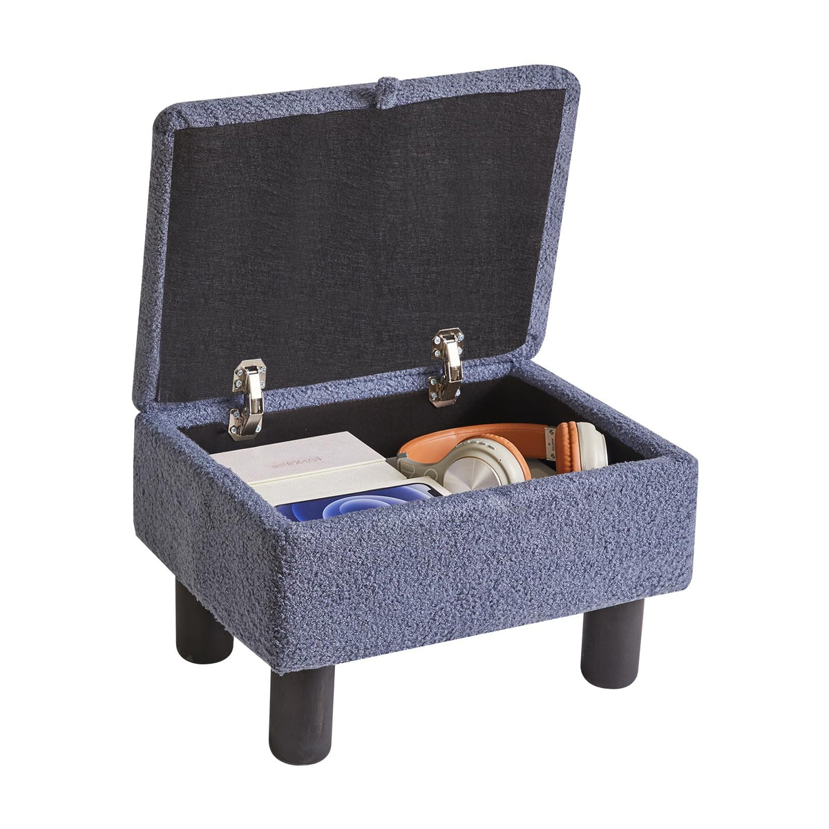 Aibiju Small Footstool Ottoman with Storage, Faux Teddy Fur Ottoman Pouffe Stool Change Shoe Footrest with Wood Legs for Living Room Bedroom, Blue