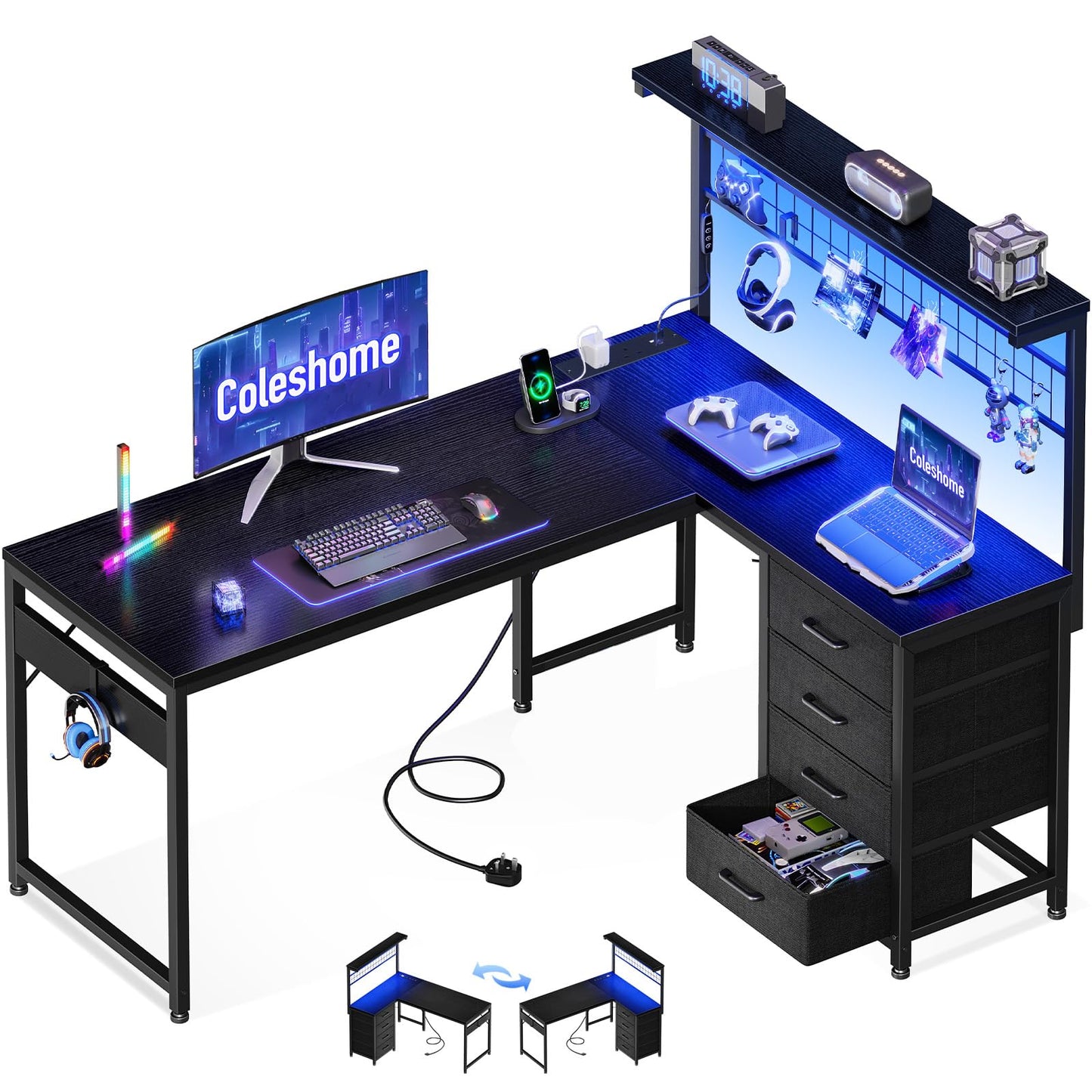 Coleshome L Shaped Gaming Desk with Drawers & Shelf, 130 × 100 cm