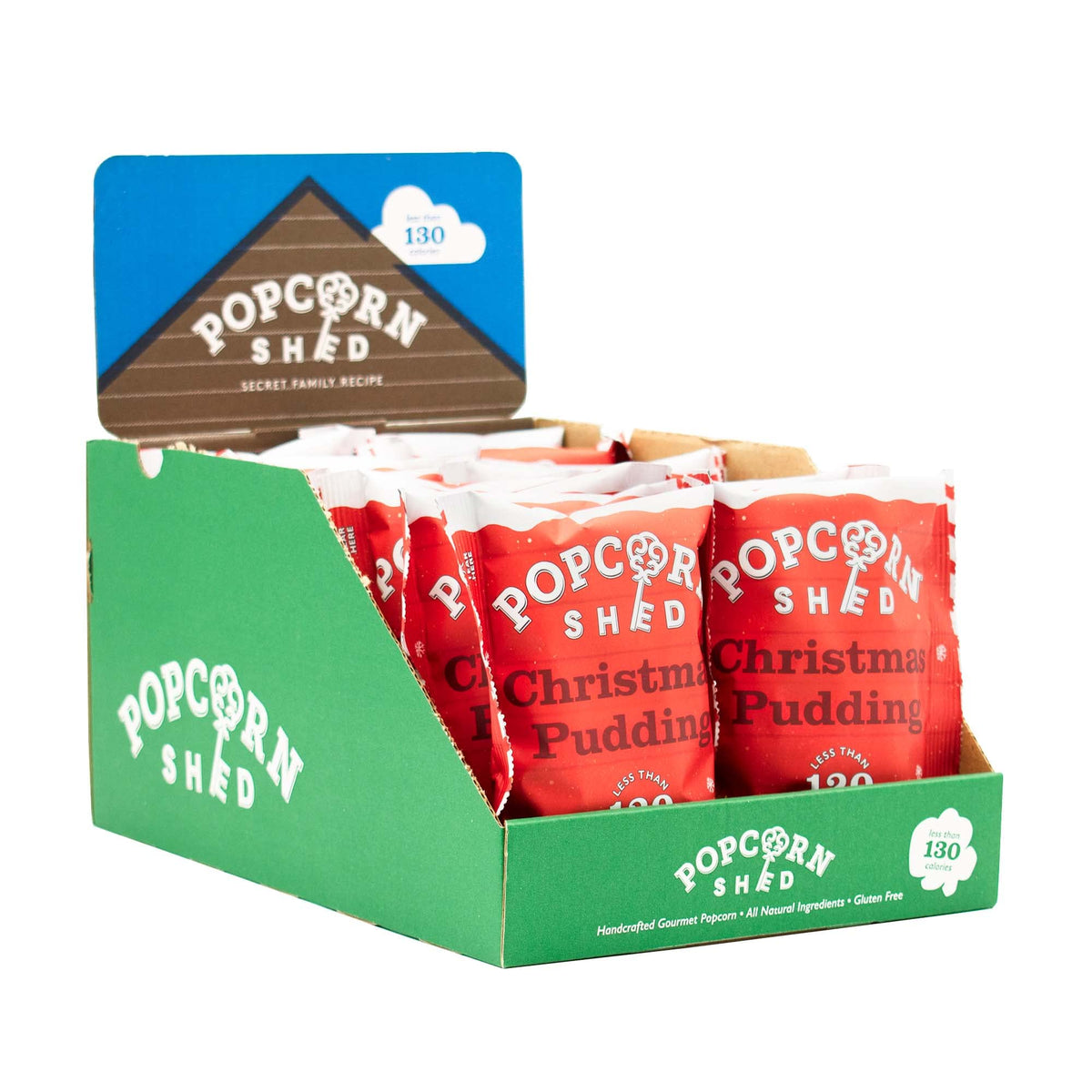 Popcorn Shed Christmas Pudding Popcorn Snack Pack, 24g, Pack of 16, Festive Spiced Caramel Popcorn, Gluten Free, Natural & Vegan Lunch Box & Movie