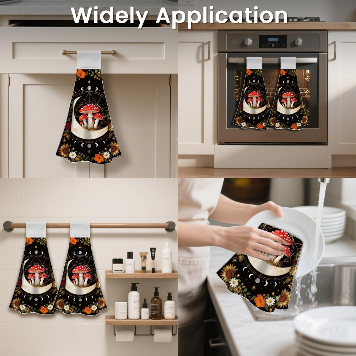 CUTHOLLOW 2 Pcs Mysterious Moon and Mushroom Hanging Kitchen Towels with Loop