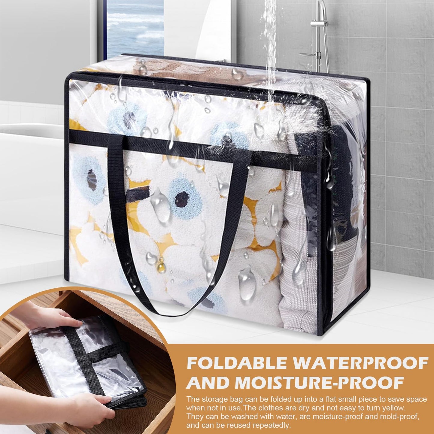 5 Pack Clear Plastic Storage Bags, 40L Foldable Clothes Storage Bags with Zips Laundry Packing Bags with Reinforced Handle Bedding Moving Bags
