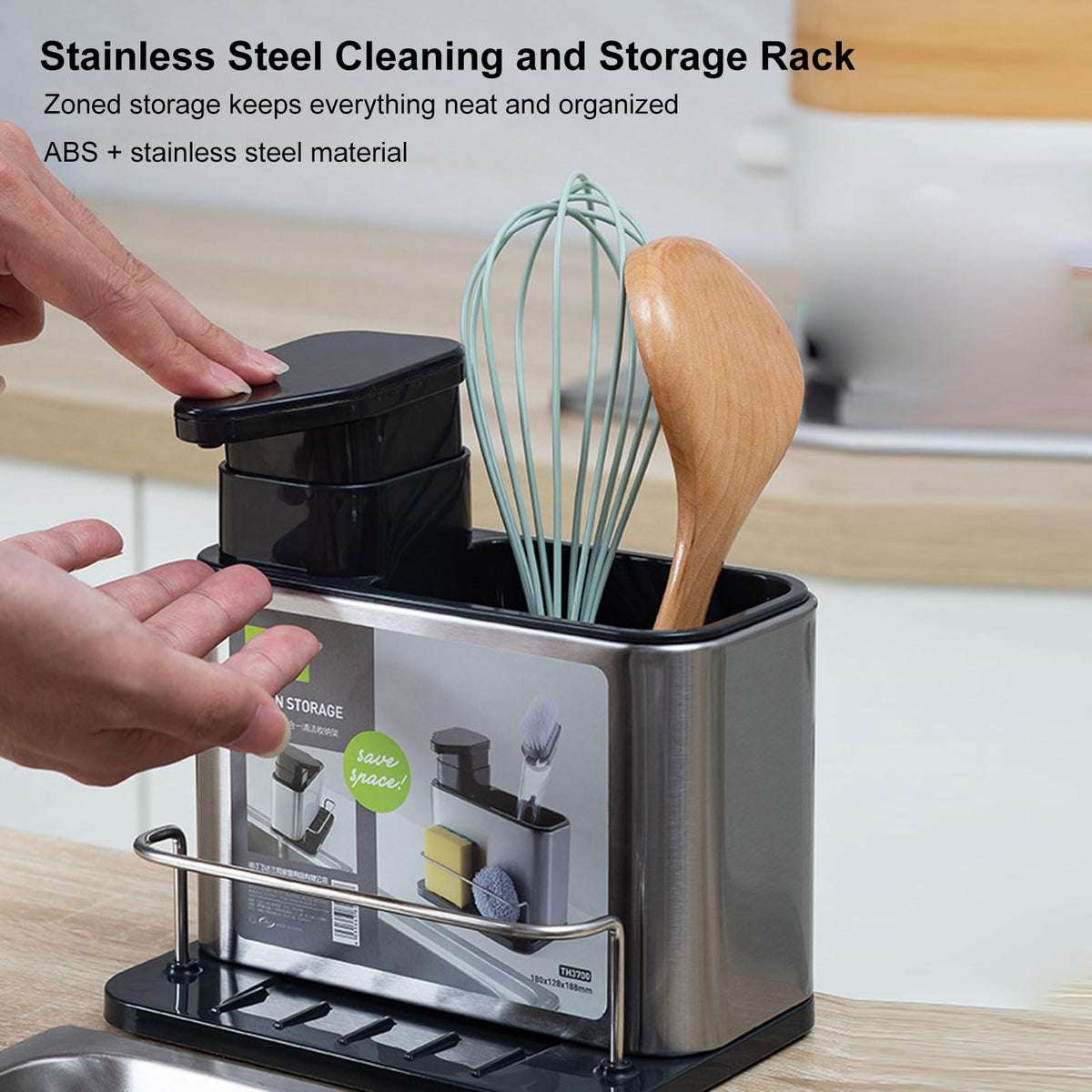 Irishom 3-in-1 Kitchen Soap Dispenser with Stainless Steel Sink Caddy, Dishwashing Liquid Dispenser and Sponge & Brush Holder Organizer with Drain