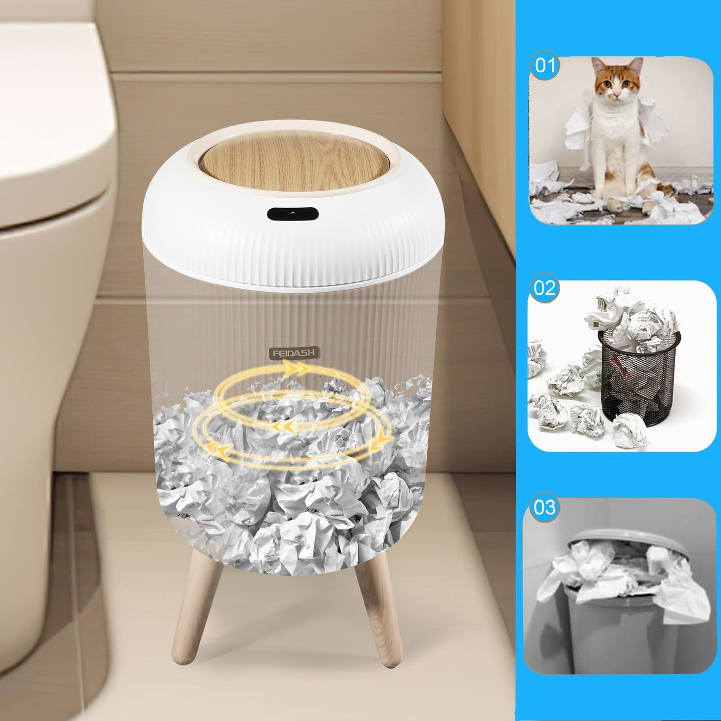 Automatic Bathroom Bin with Lid,Smart Touchless Bedroom Bin with Legs, Plastic Modern Sensor Waste Garbage Motion Trash Can for Bedroom Office Living