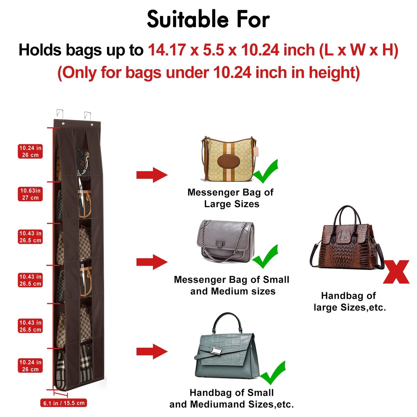 Lirex Over the Door Organizer, 2 Pack Handbag Storage with 6-Tier Space-Saving for Door or Closet, Handbag Hanger, Dark Brown