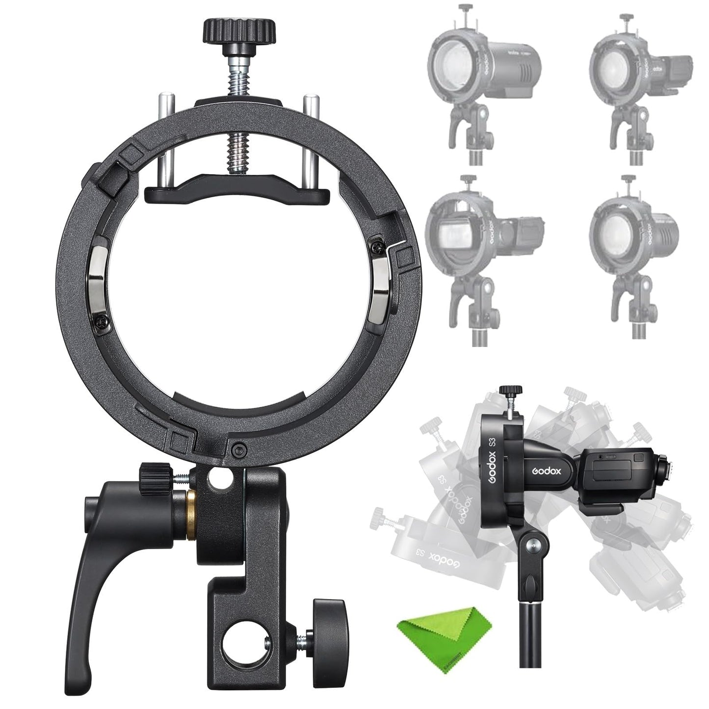 Godox S3 Speedlite Bracket, Bowens Mount Holder for Round & Square Head Flashes, Compatible with Godox AD100Pro AD200Pro AD300Pro AD400Pro V1 V100